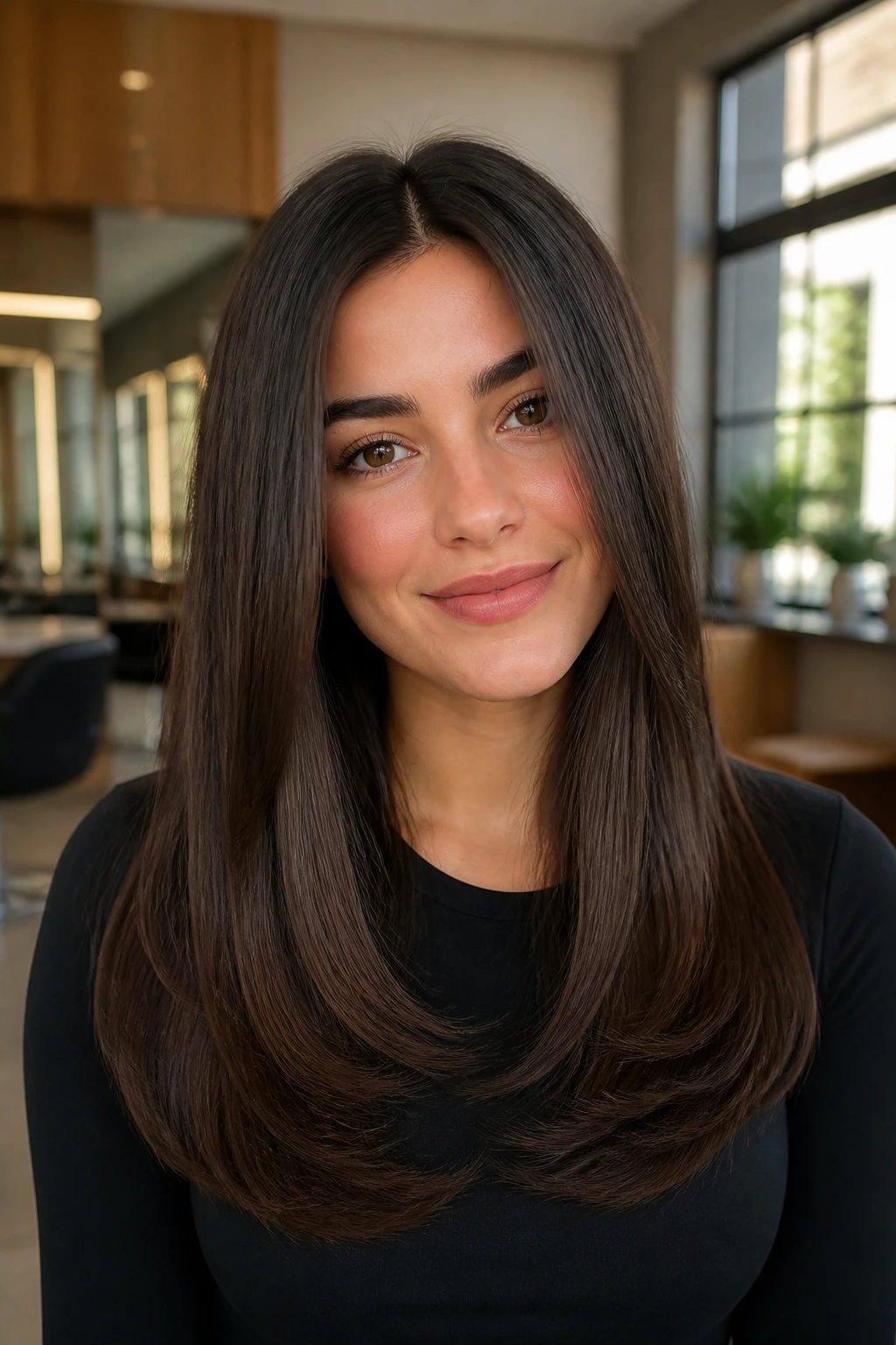 Close-up portrait of a real woman with rounded U-shaped hair at the jawline