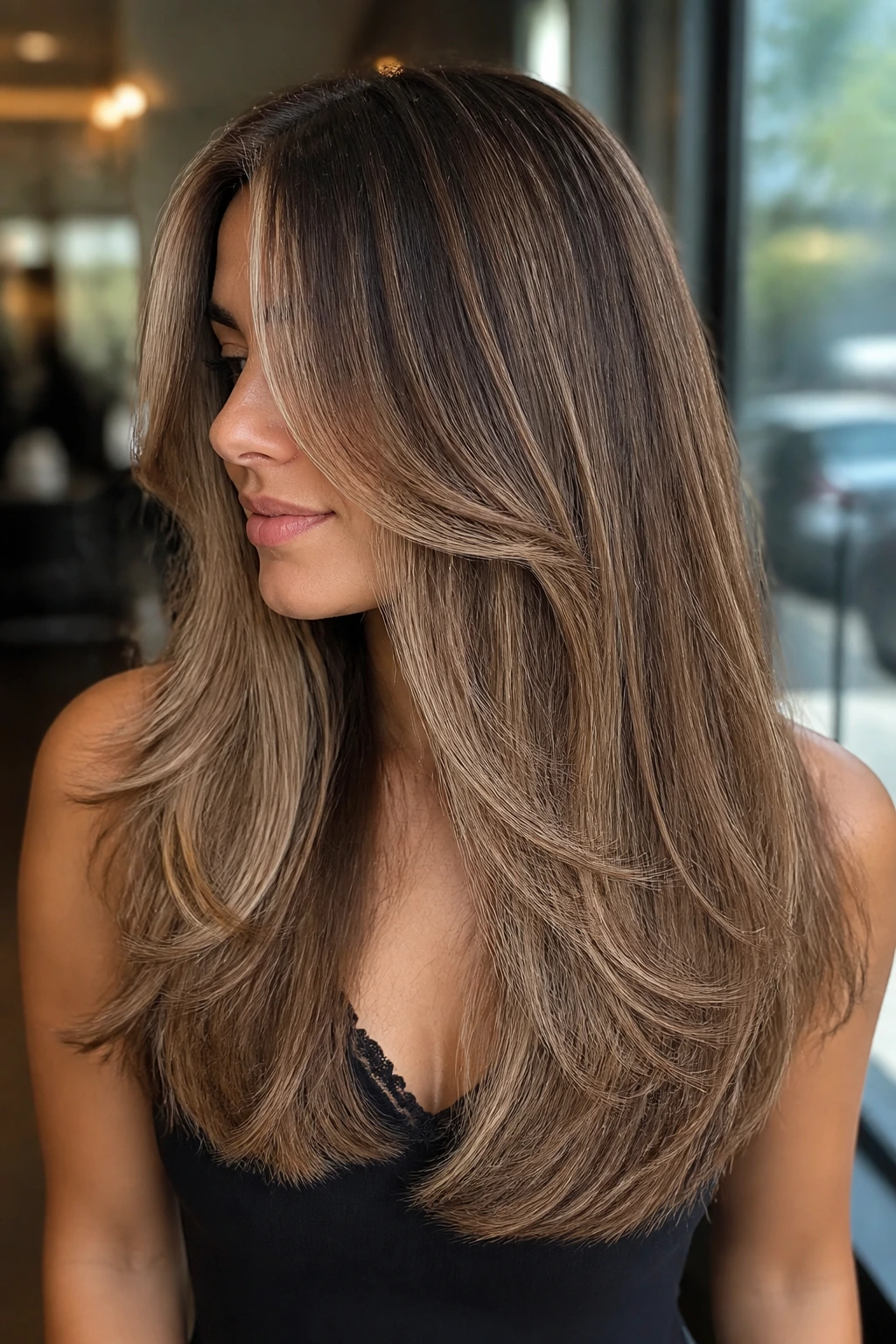 Close-up of a real woman with rounded U-shaped long haircut and mushroom babylights in warm light