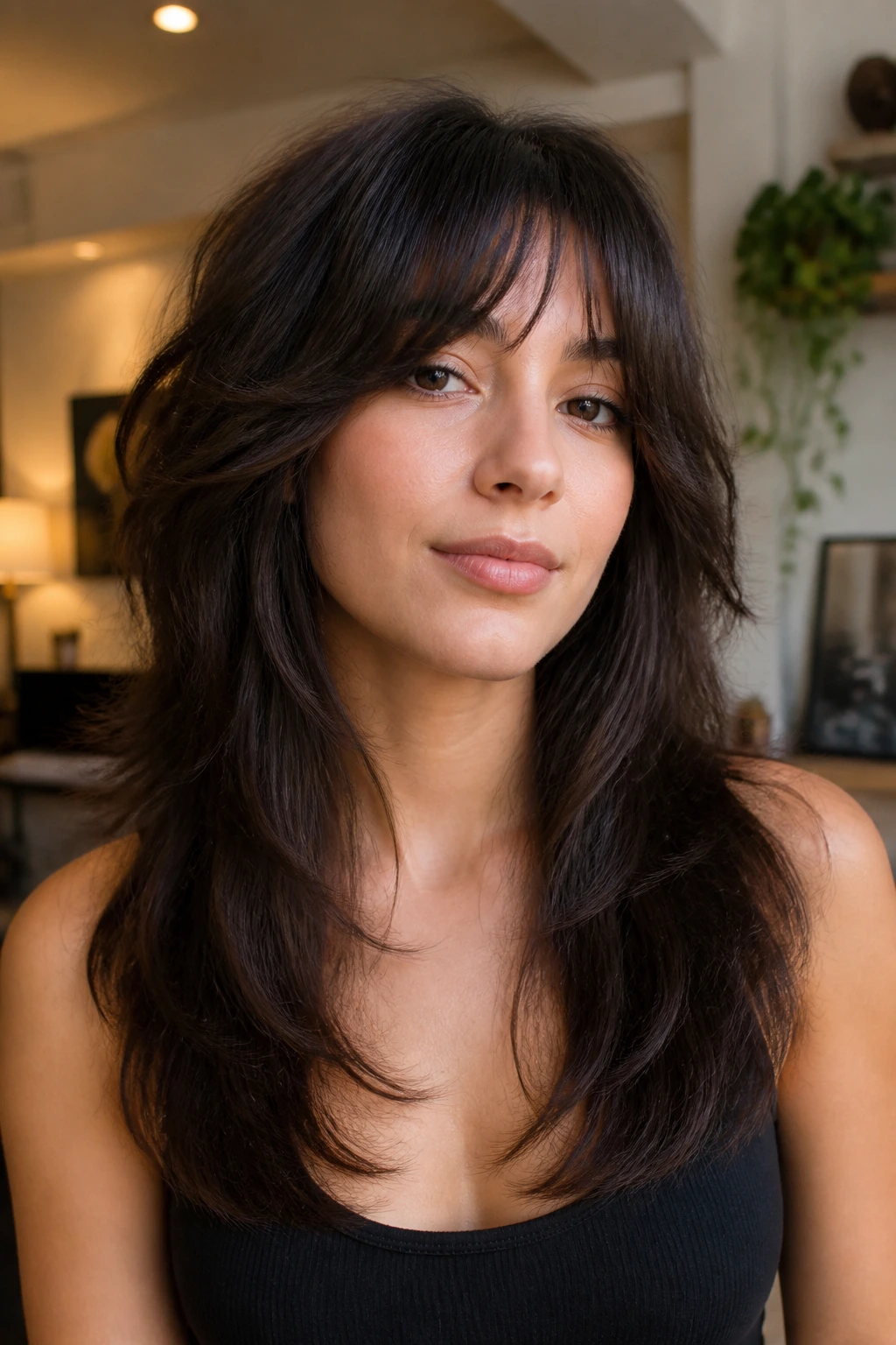 Portrait of a real person with rounded U-shape shag and a soft, curved perimeter.