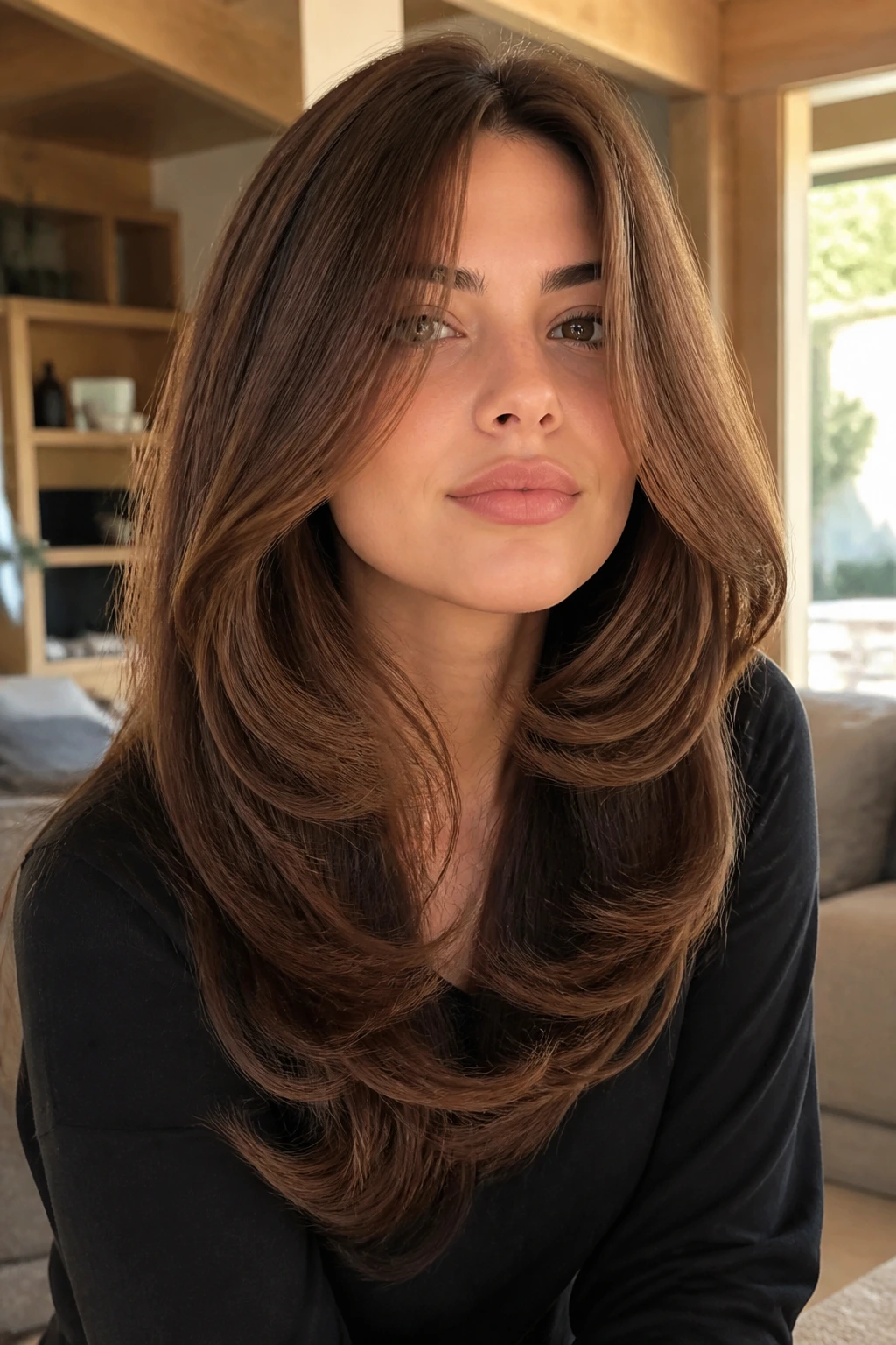 Portrait of a woman with rounded under-flip hair, jawline framed, in warm sunlit living room