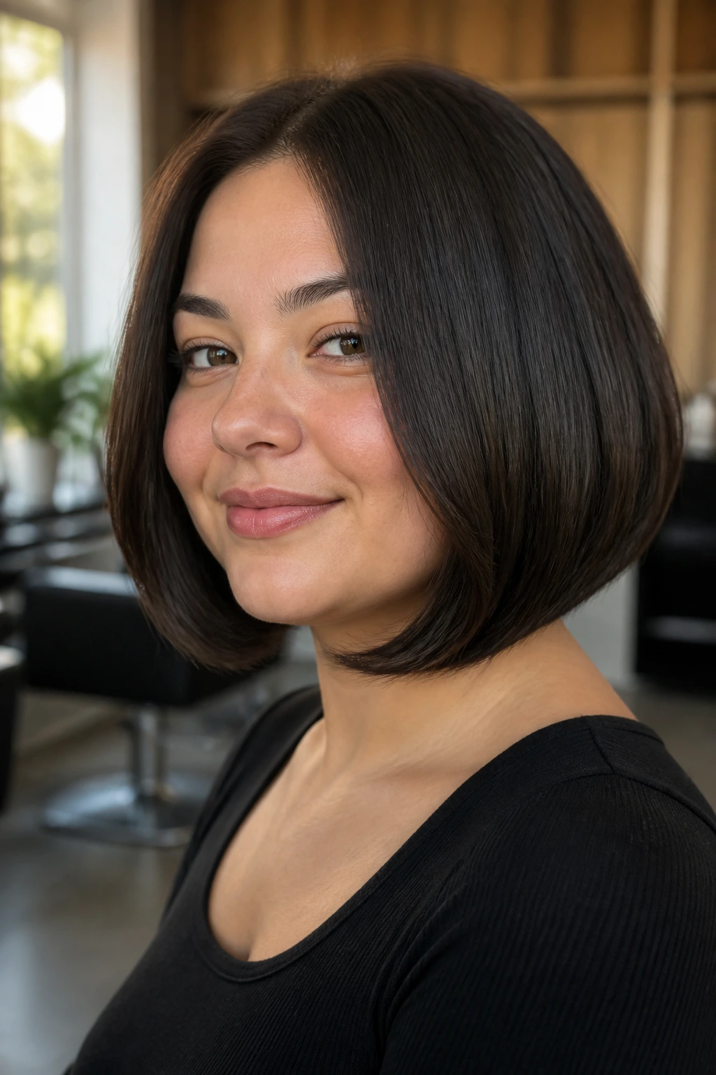 Close-up portrait of a real woman with rounded-under lob on thick hair under warm salon light
