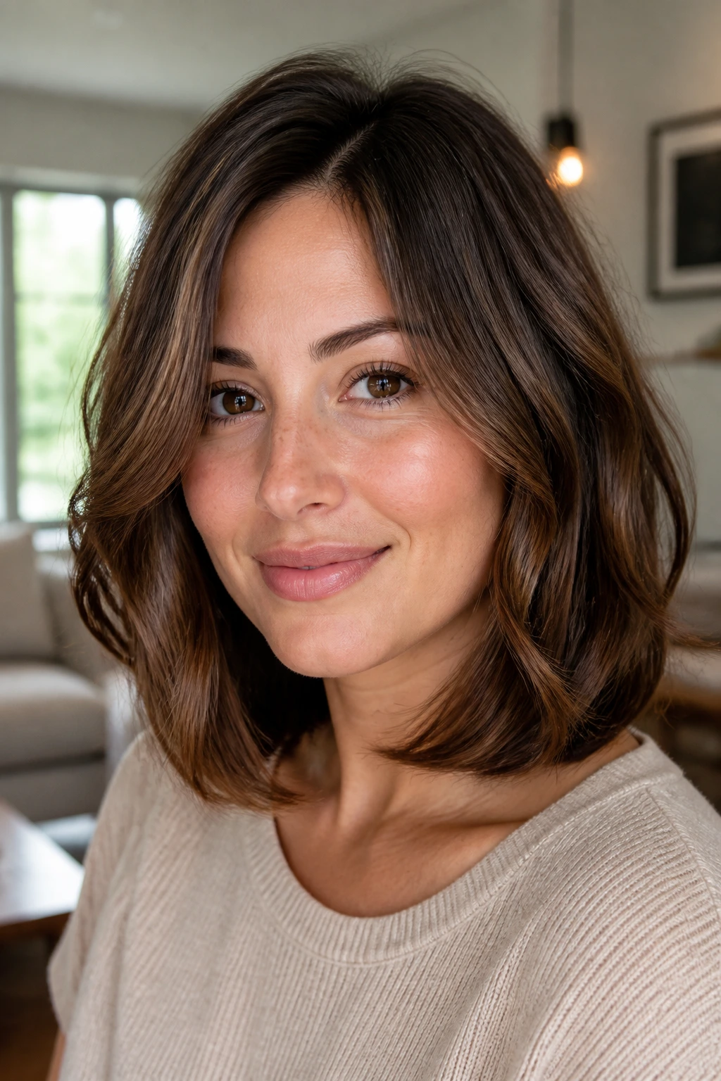Portrait of a real woman with rounded-under lob showing soft inward bend at ends