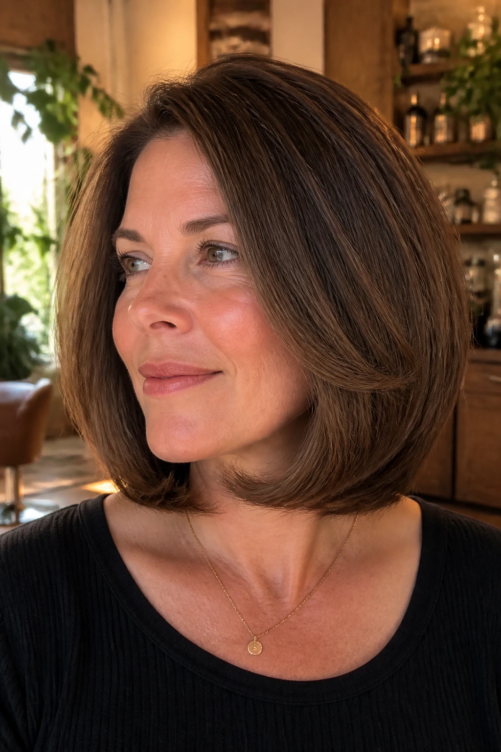 Close-up of a real woman with rounded blown-under bob, ends tucked under, low crown lift.