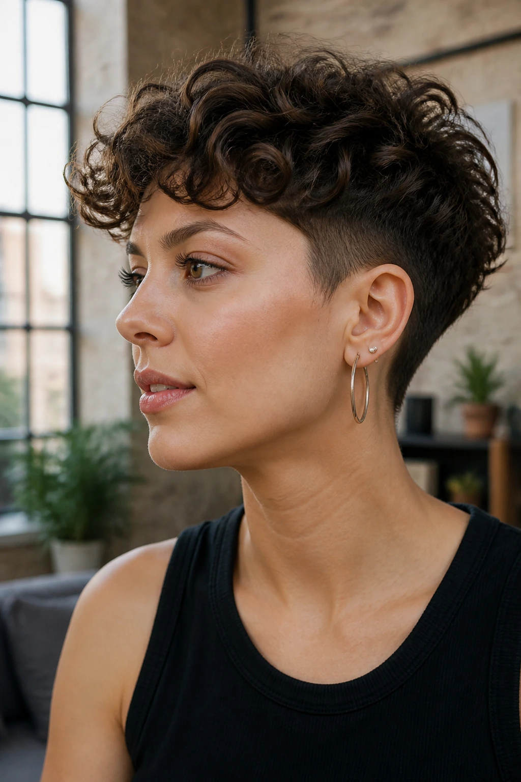 Real woman with rounded undercut crop hairstyle in an urban loft.