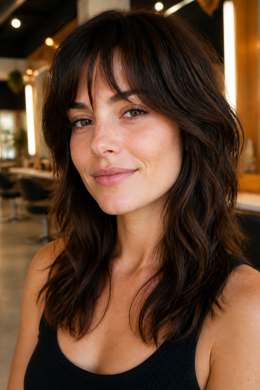 Close-up portrait of a real woman with rounded V-cut and piecey bangs in a stylish salon