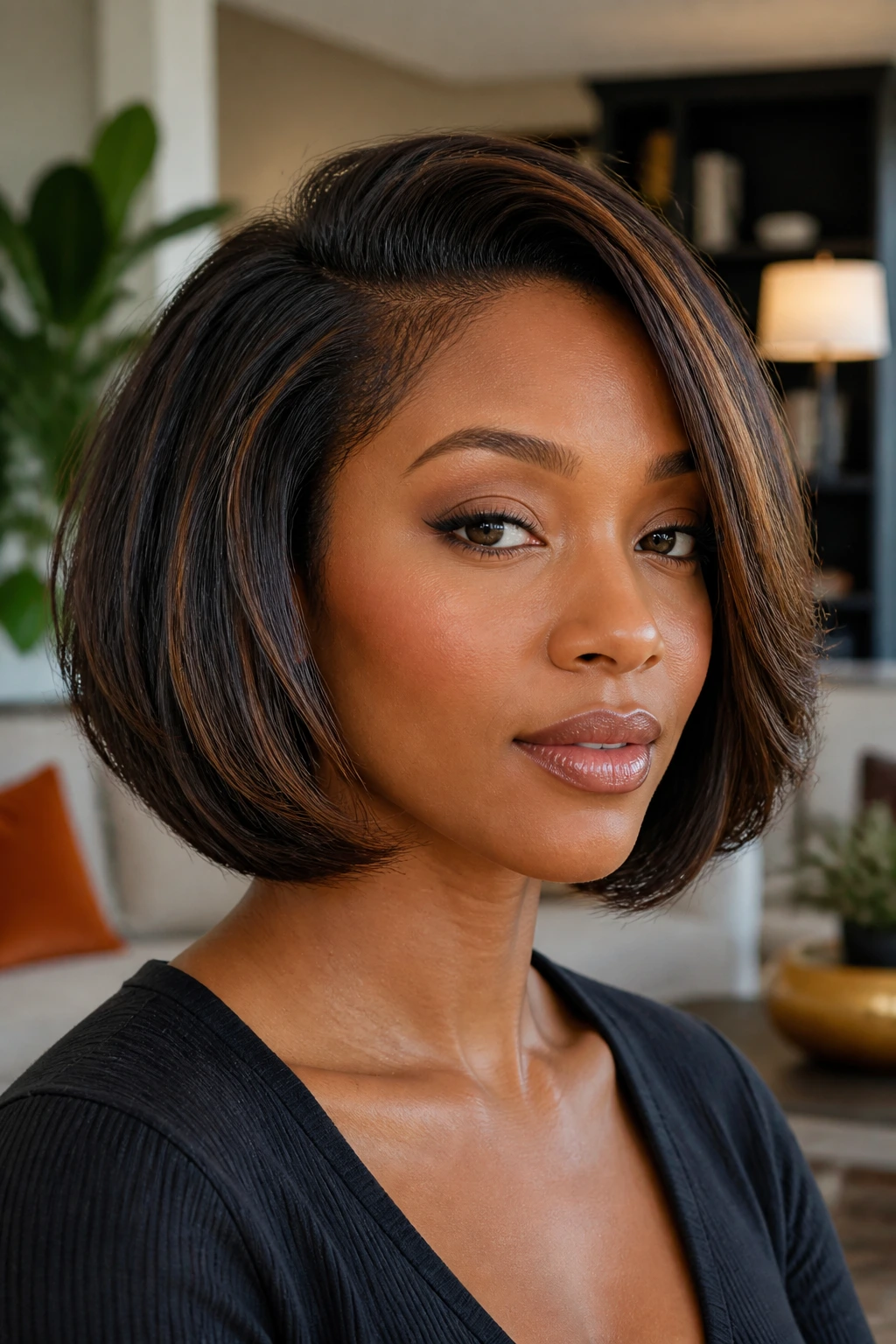 Portrait of a real Black woman with a rounded volume bob showing crown lift and curved ends.