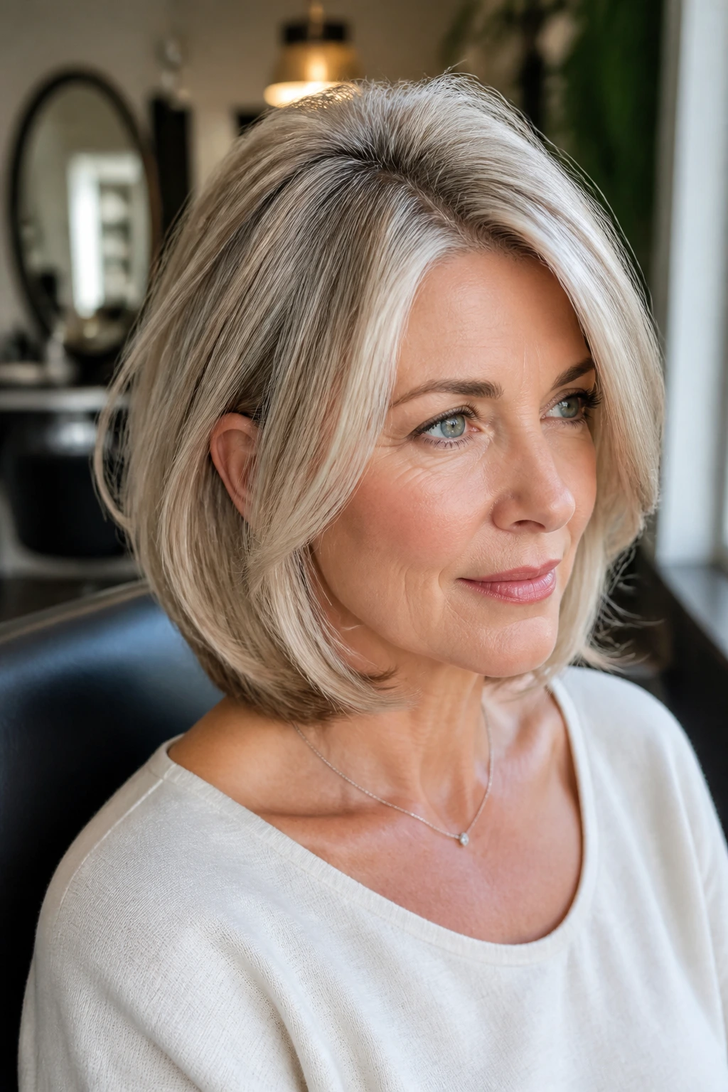 Portrait of a real woman with rounded volume bob and crown lift in soft salon lighting.