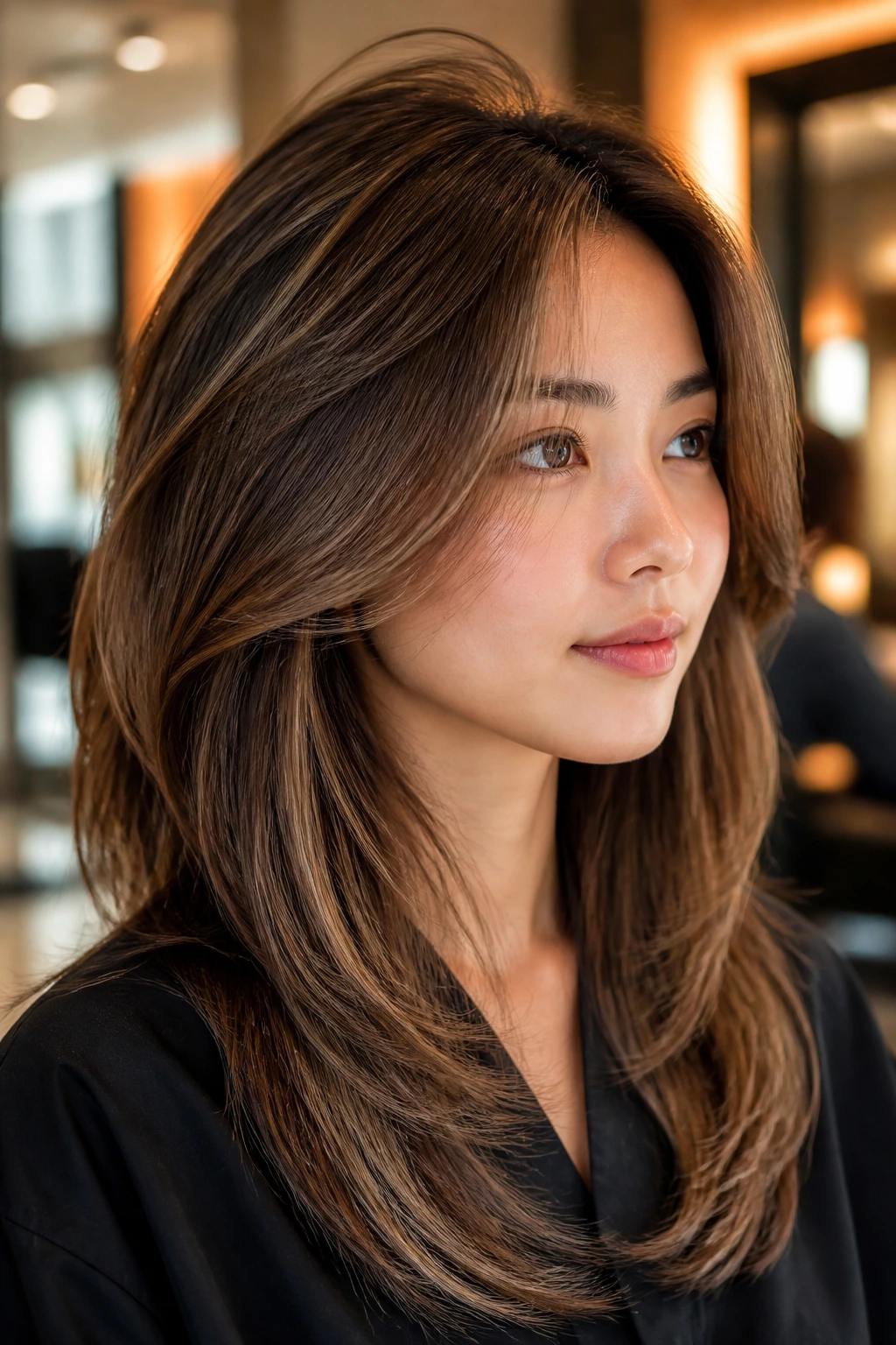 Portrait of a real woman with rounded volume layers and crown lift.