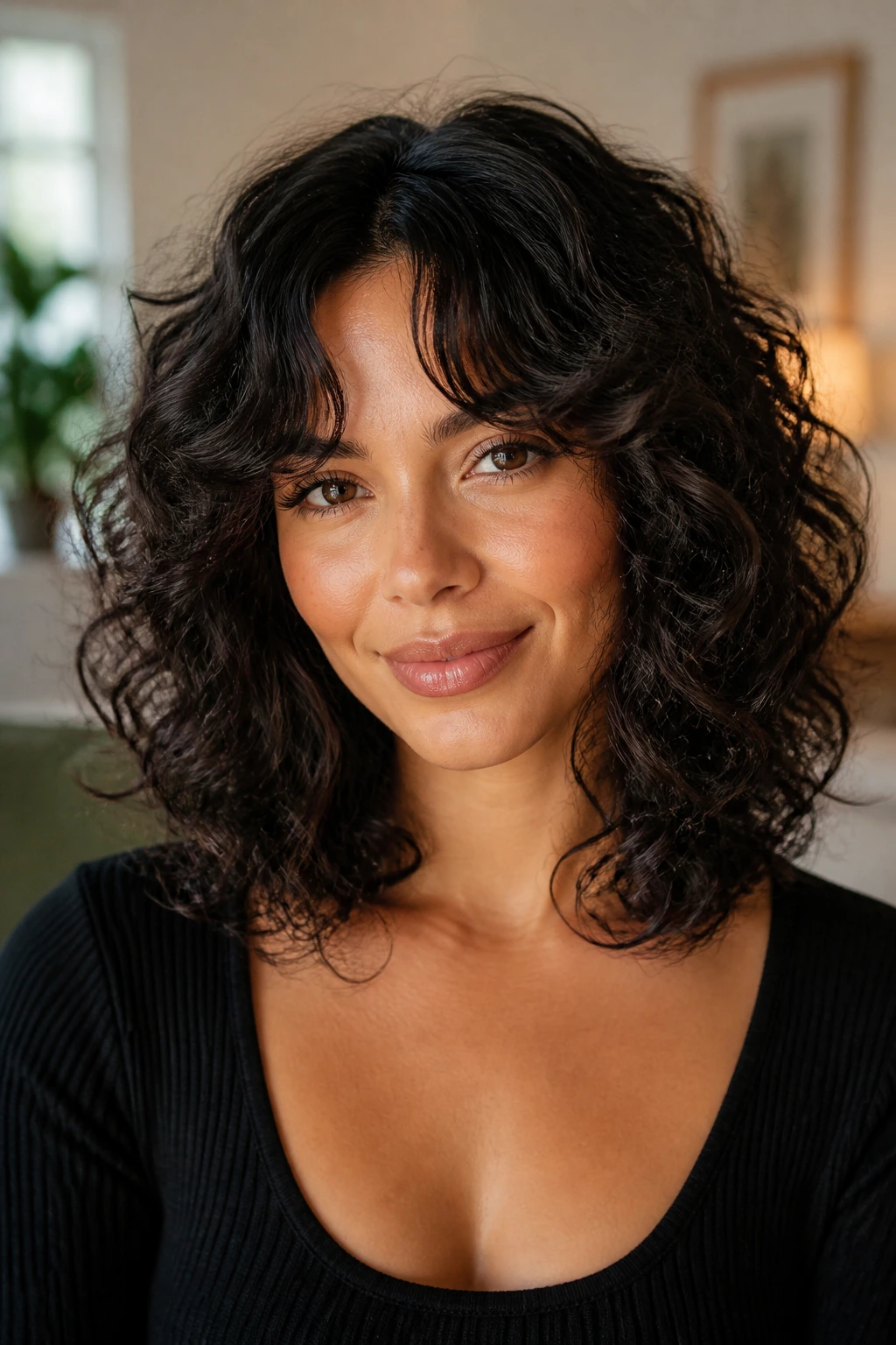 Portrait of a woman with collarbone-length curls and rounded volume