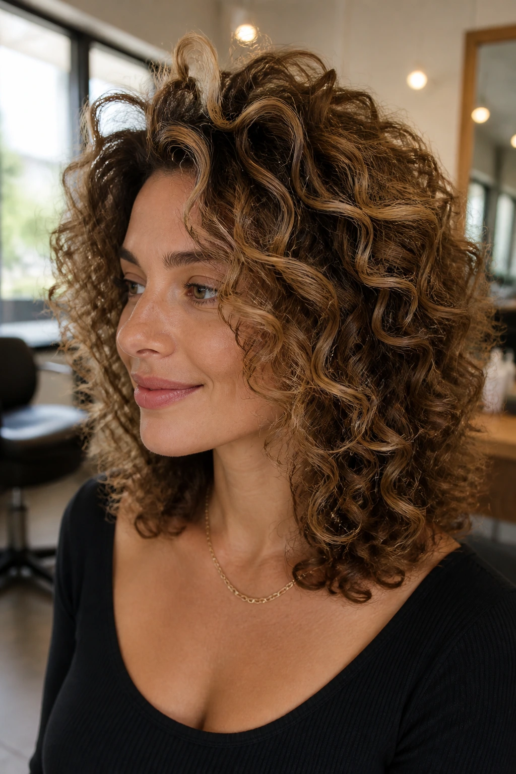 Close-up of a real woman with rounded volume curls and subtle babylights highlighting the crown