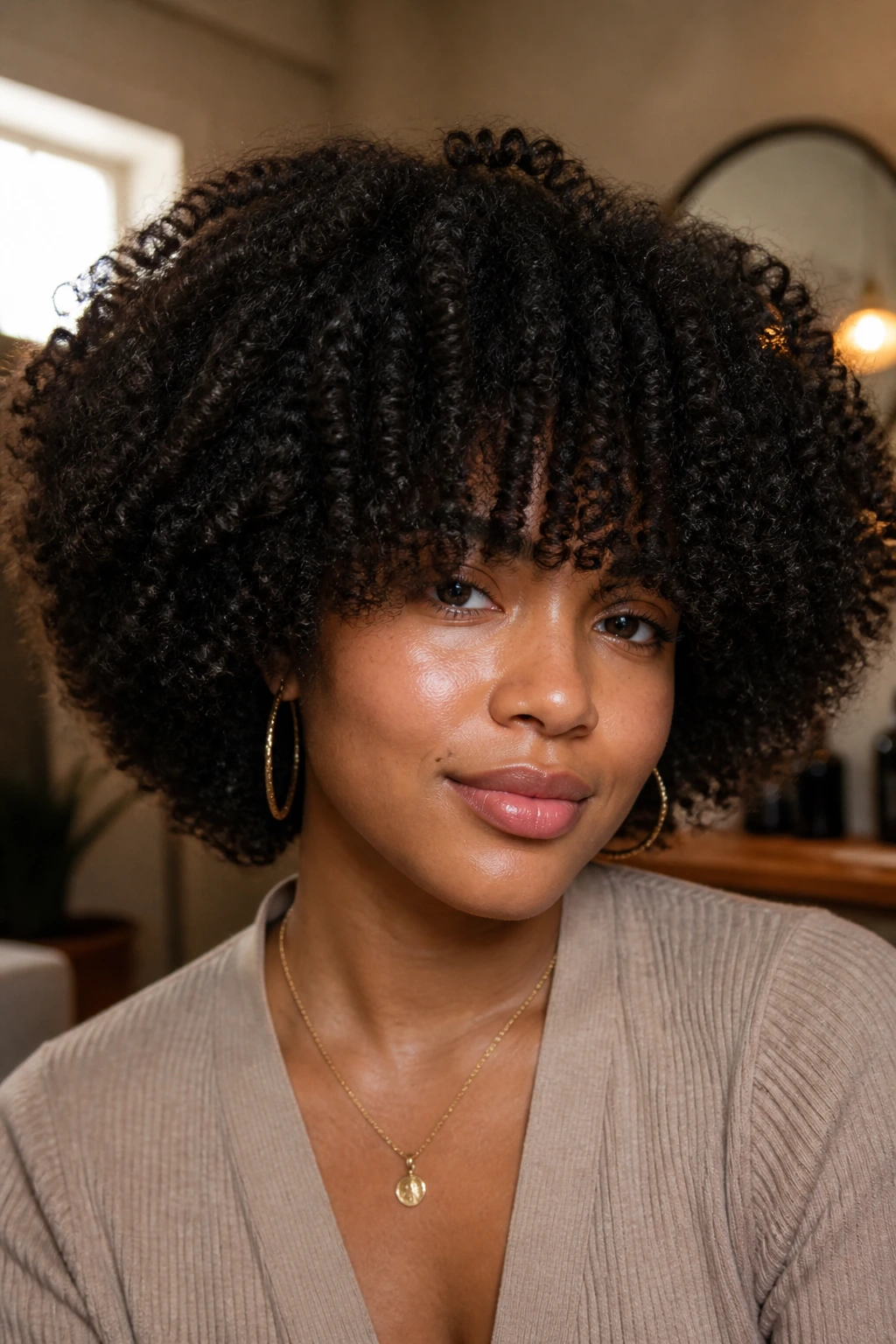 Close-up of a real person with rounded volume haircut and full fringe in warm salon light