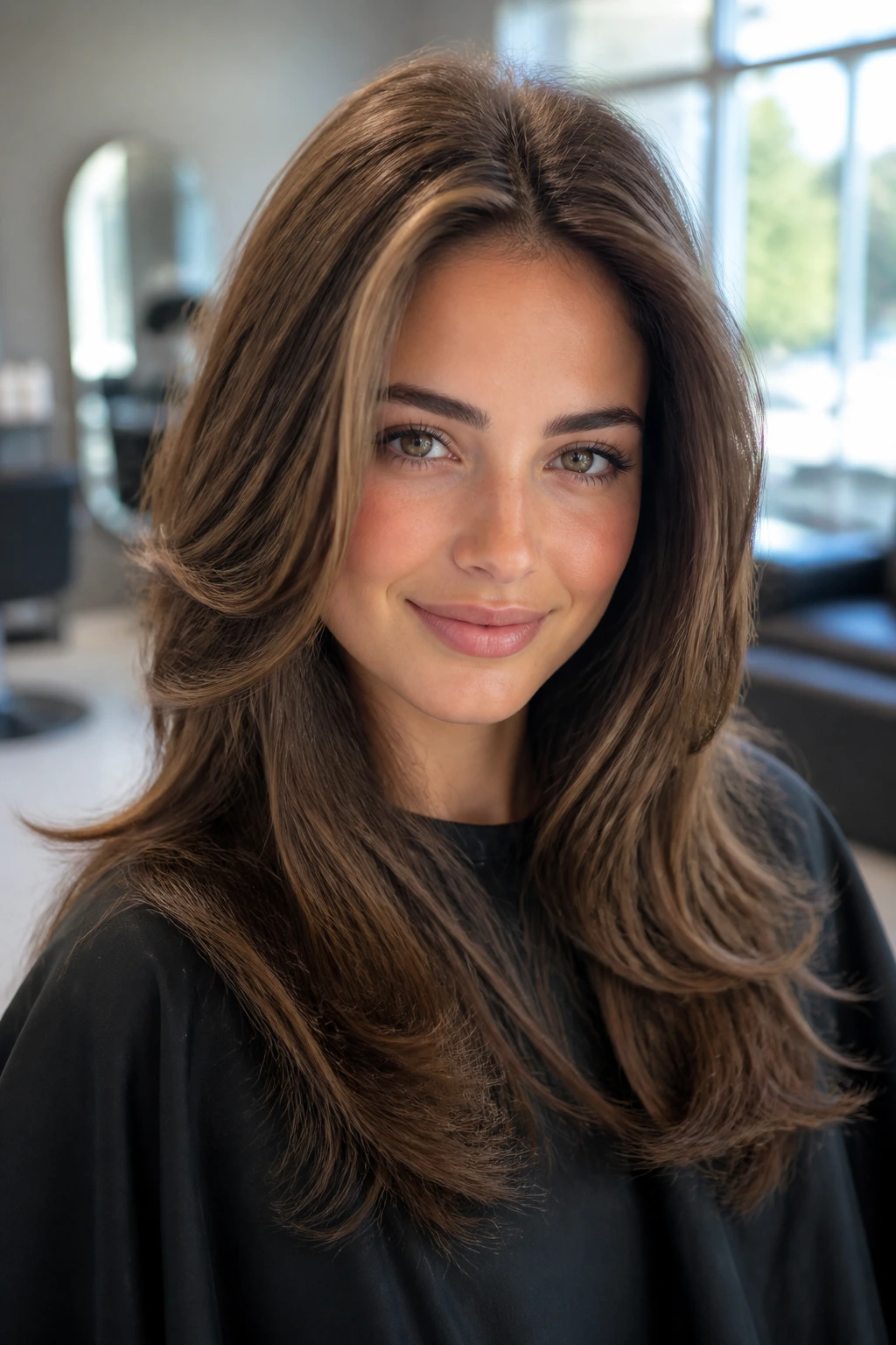 Close-up of a woman with rounded volume layers at the crown in a salon