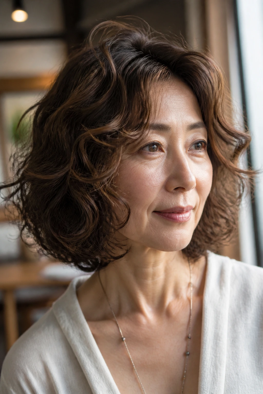 Close-up portrait of a real woman with rounded volume lob