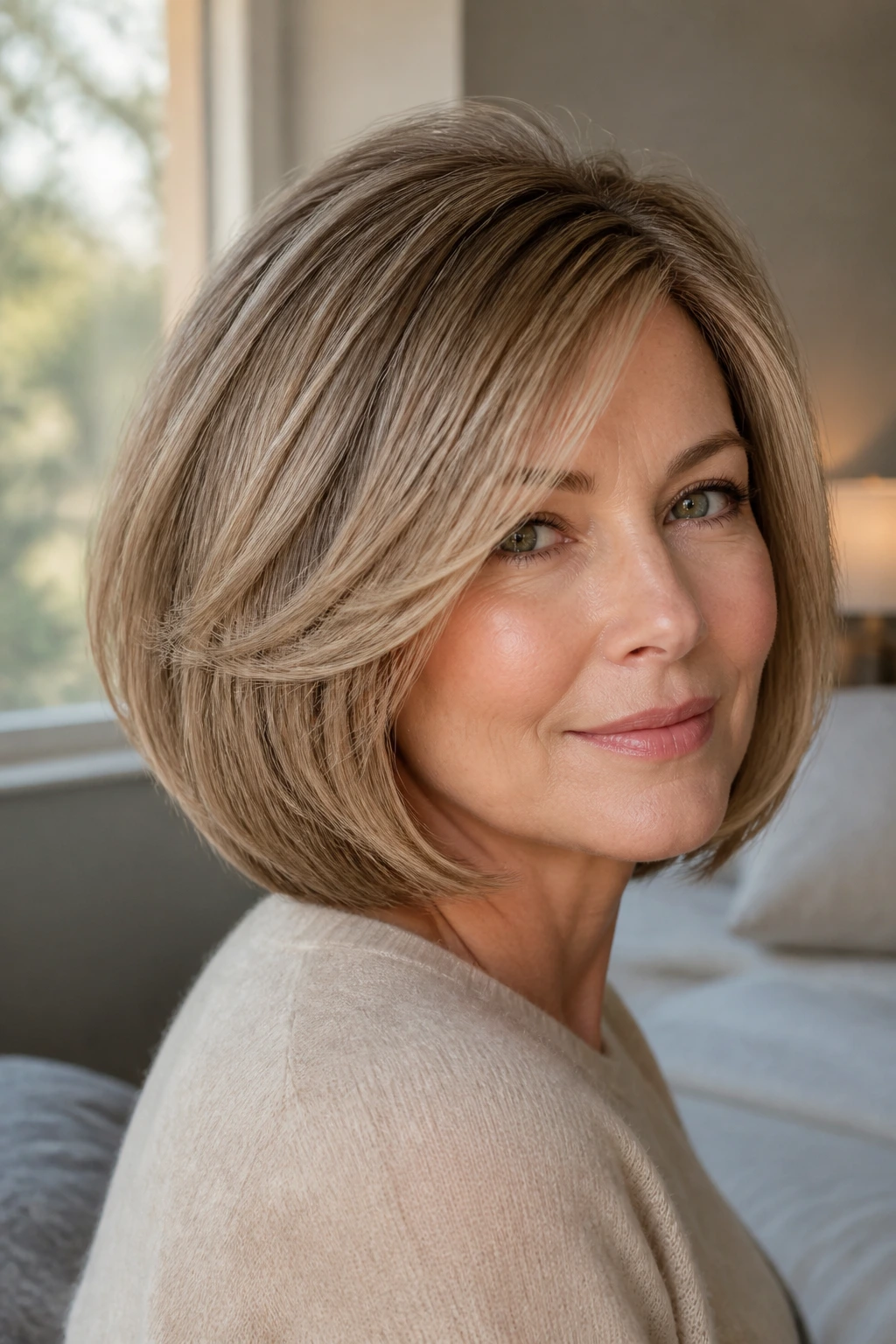 Close-up of a woman with a rounded volume lob hairstyle showing crown lift and side fullness