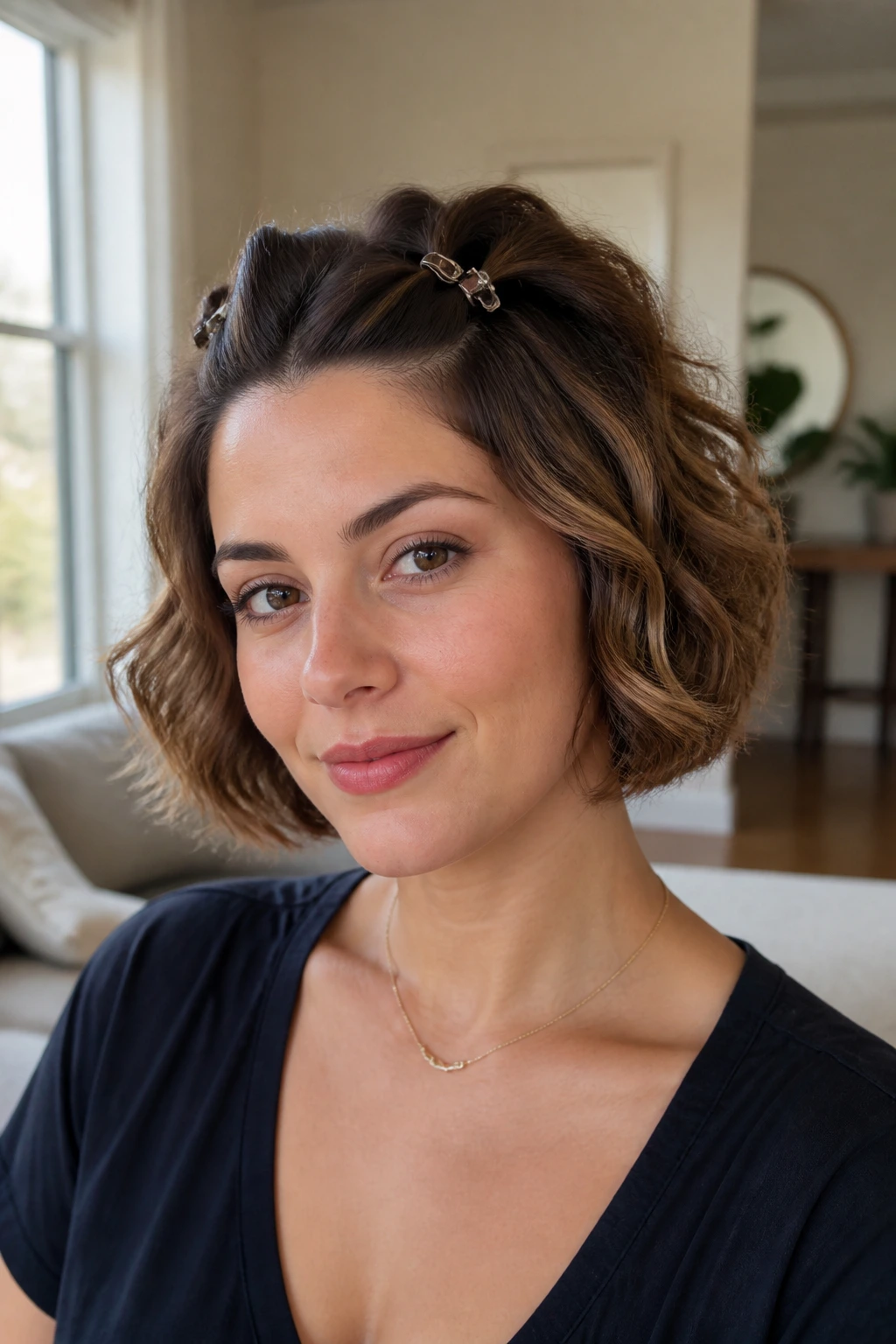 Close-up portrait of a real woman with Rounded Wave Bob and crown clips hairstyle
