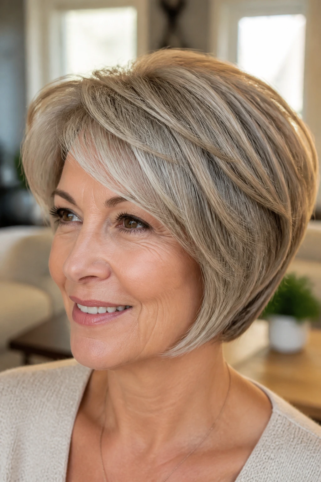Close-up of a real woman wearing a rounded wedge with soft edges hairstyle.