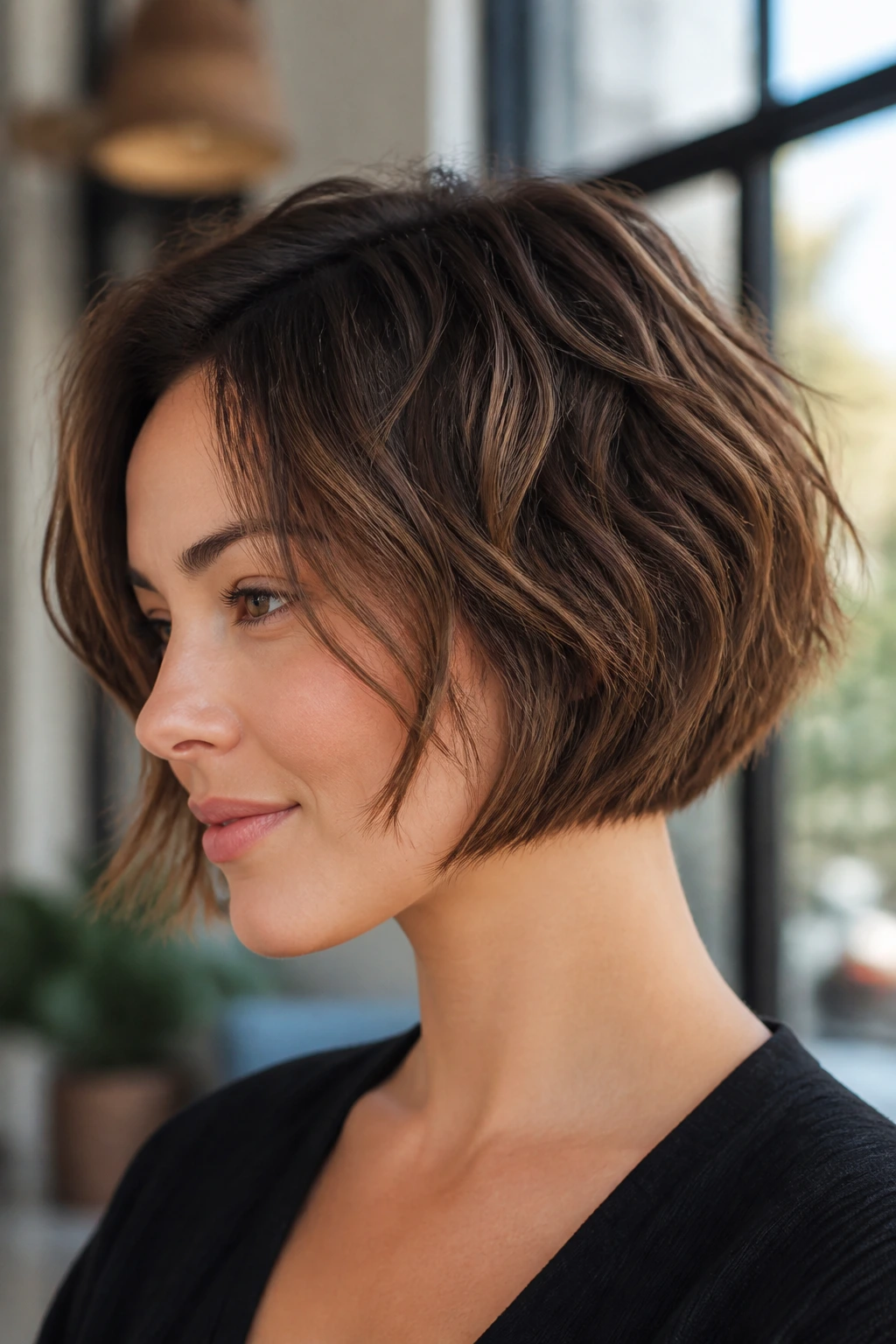 Close-up portrait of a real woman with a rounded wedge-inspired bob in a chic interior