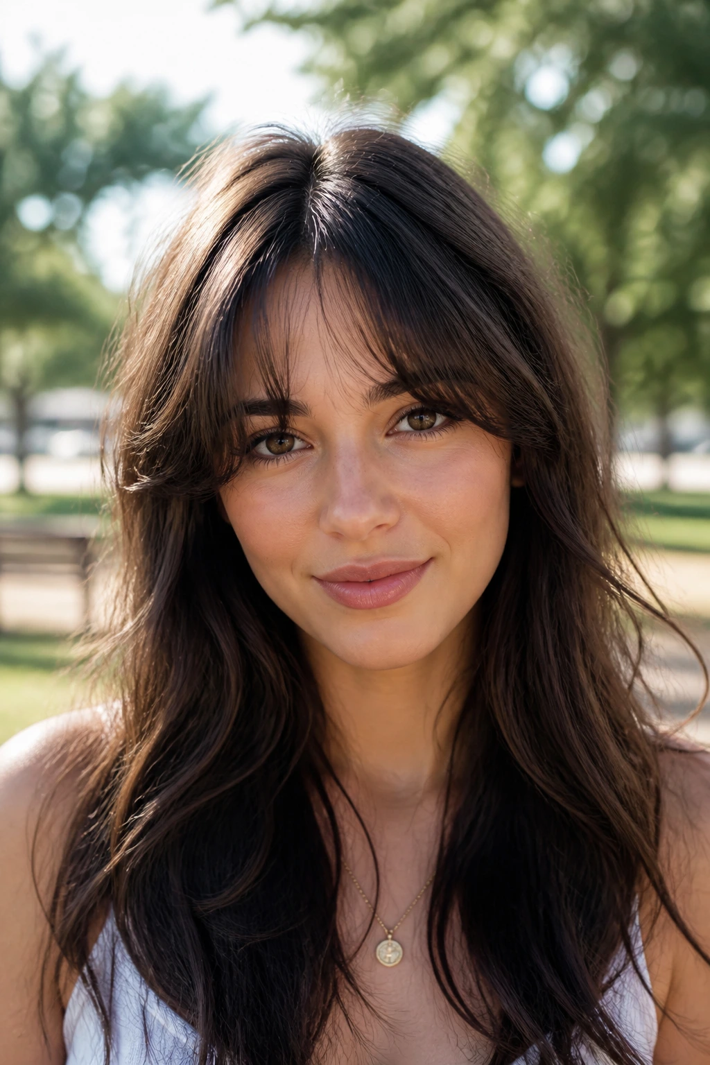 Real person with rounded wisps fringe and center gap outdoors