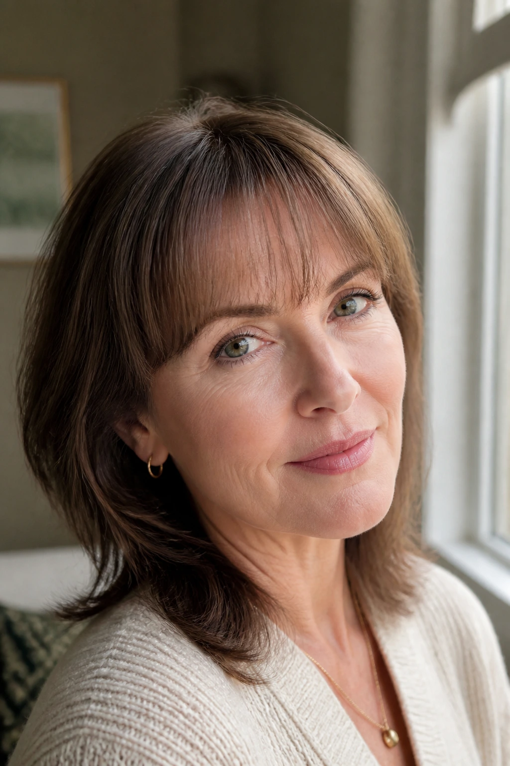 Close-up portrait of a real woman with rounded wispy bangs following the brow