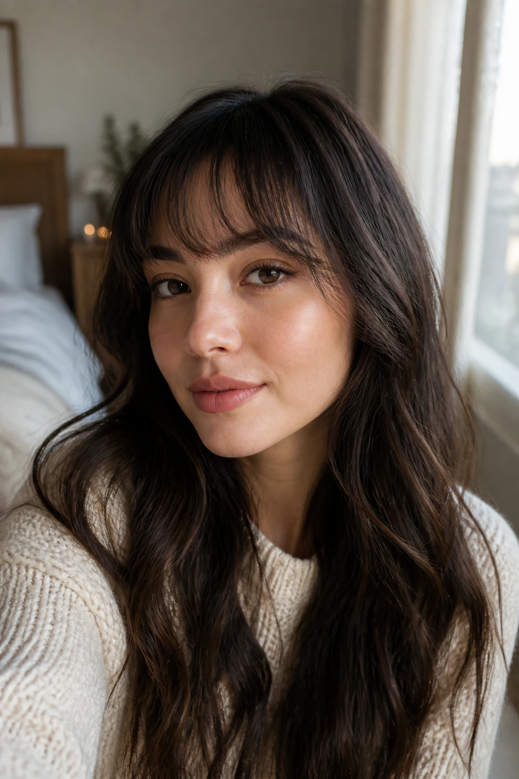 Close-up of a real woman with rounded wispy fringe in soft bedroom light