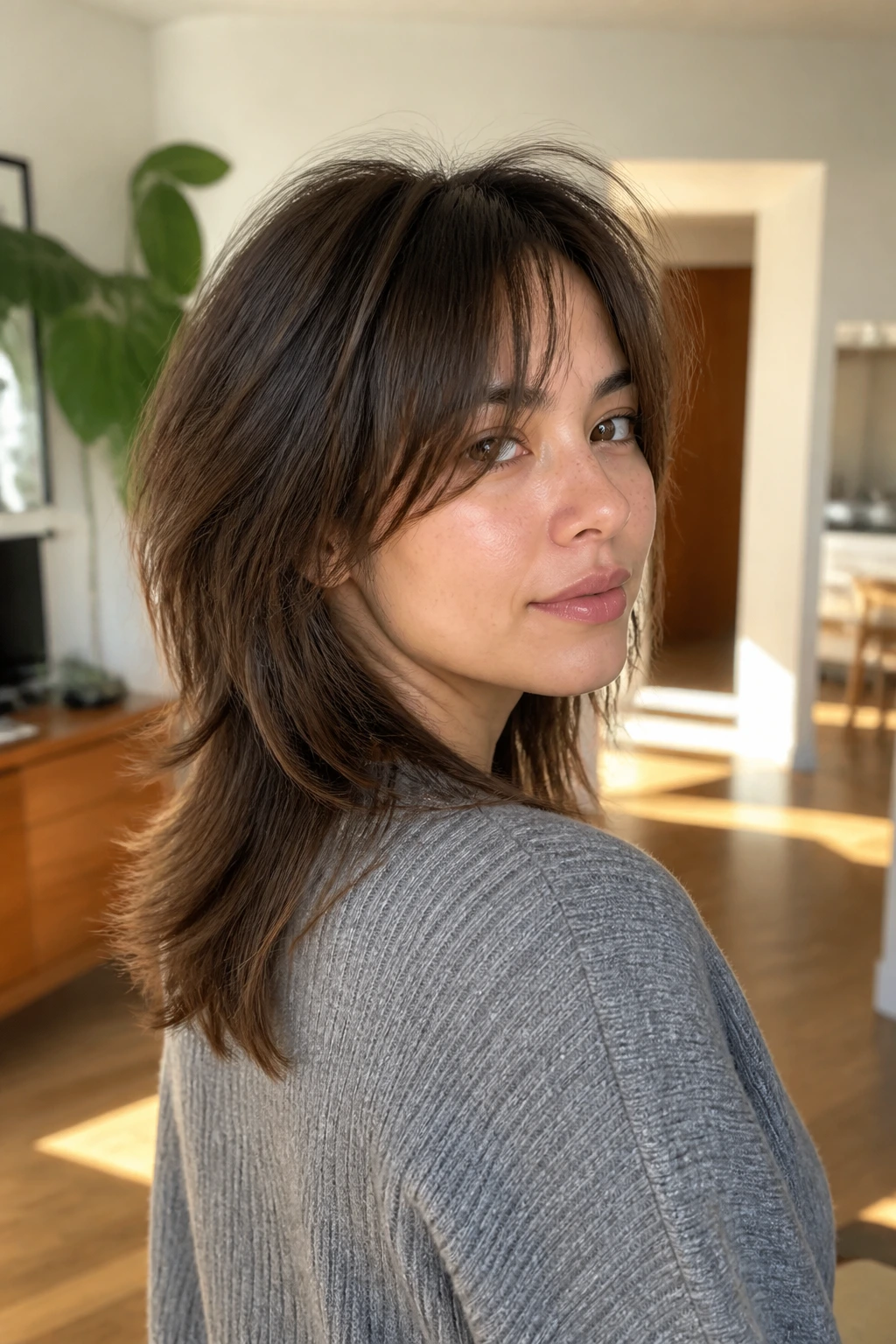 Close-up portrait of a real woman with rounded wolf cut and U-shaped back