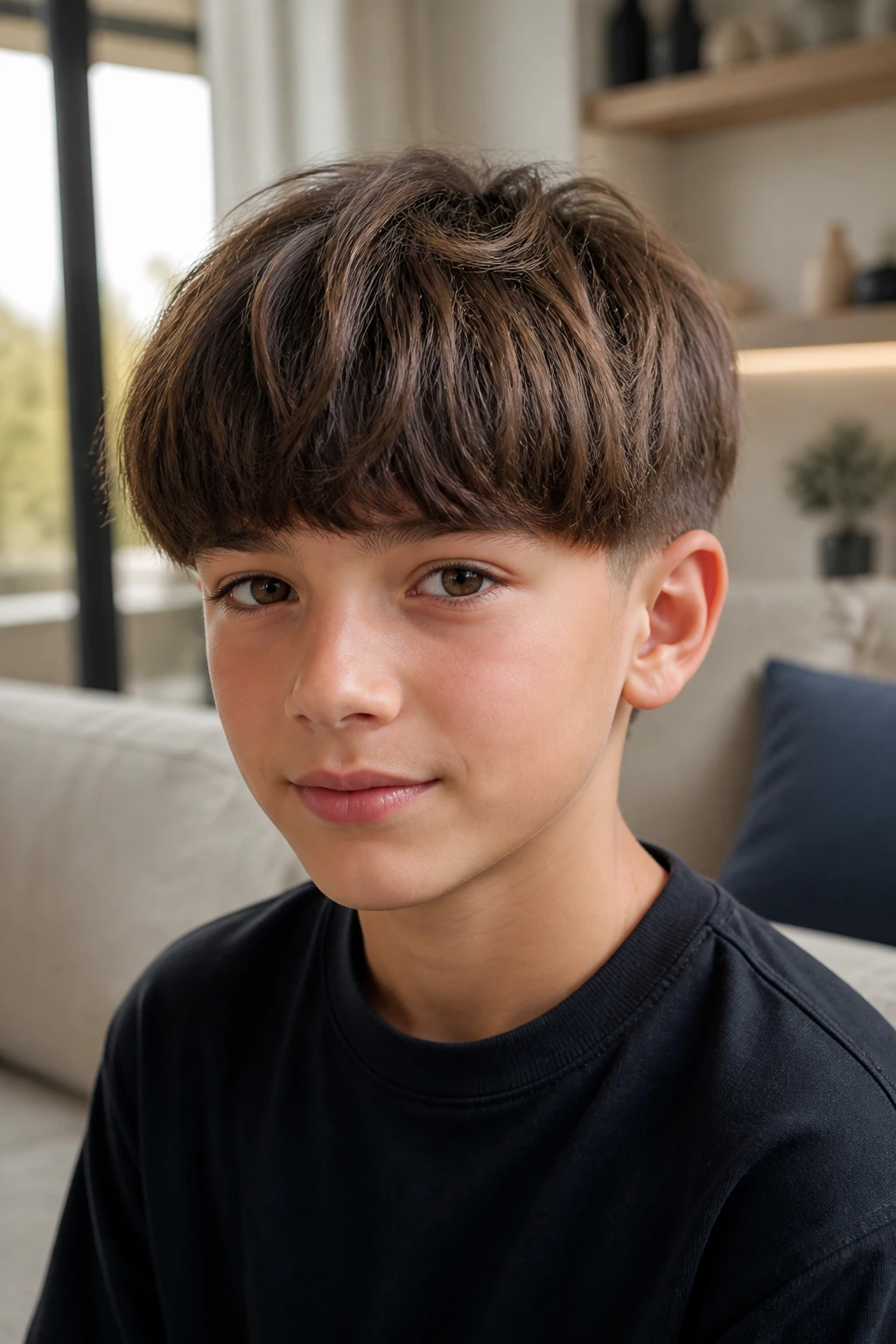 Close-up portrait of a boy with a rounded bowl cut and textured ends