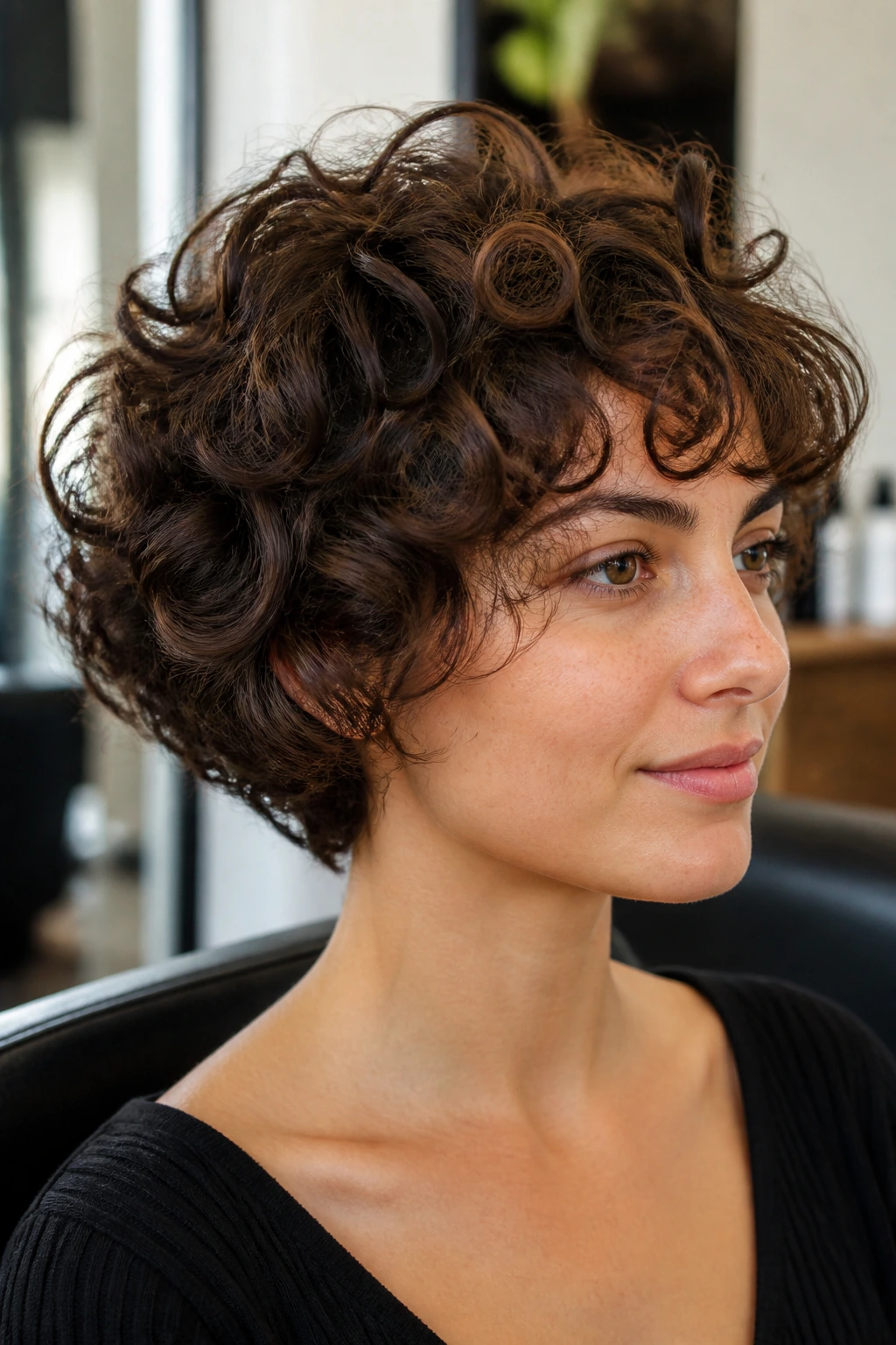 Close-up of a real person showcasing a rounder curly cut with visible perimeter and crown.
