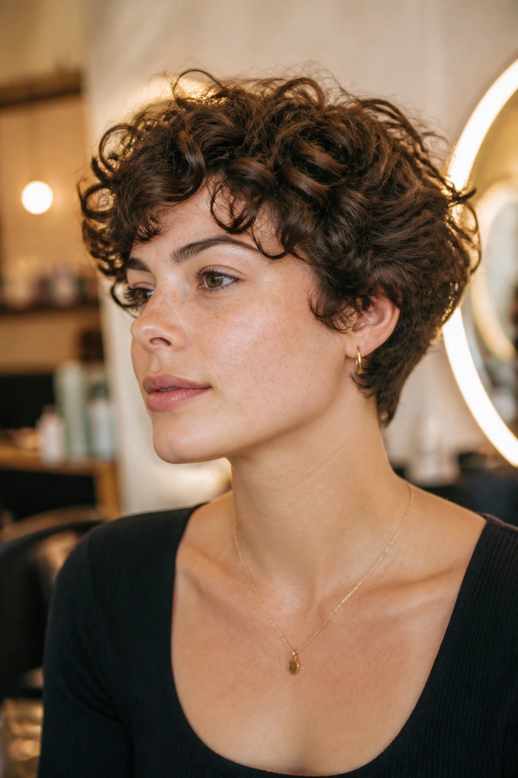 Real person with a rounder haircut on short curly hair in a salon.