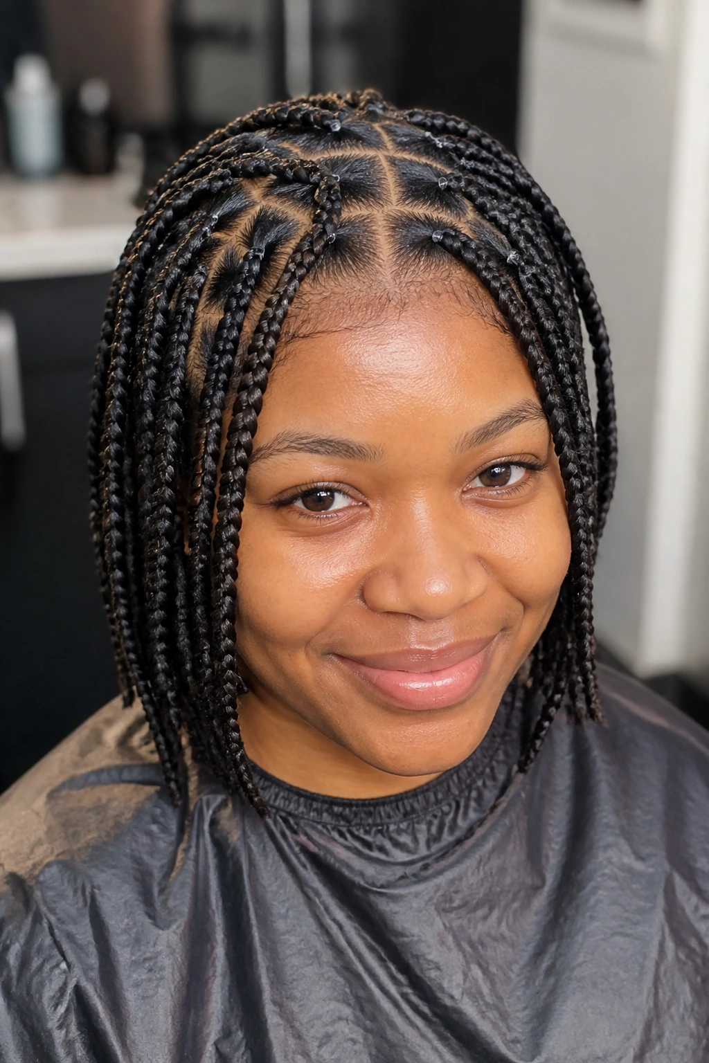 Close-up of real person with knotless braids and rubber bands at the scalp