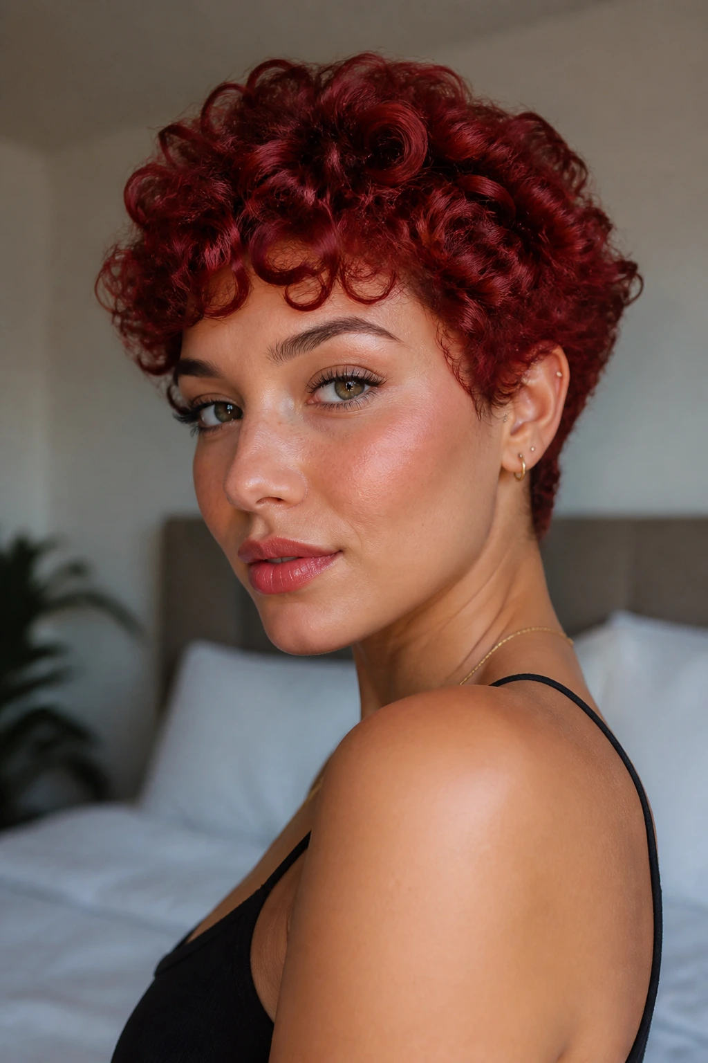 Close-up of a ruby-red curly pixie on a real woman.
