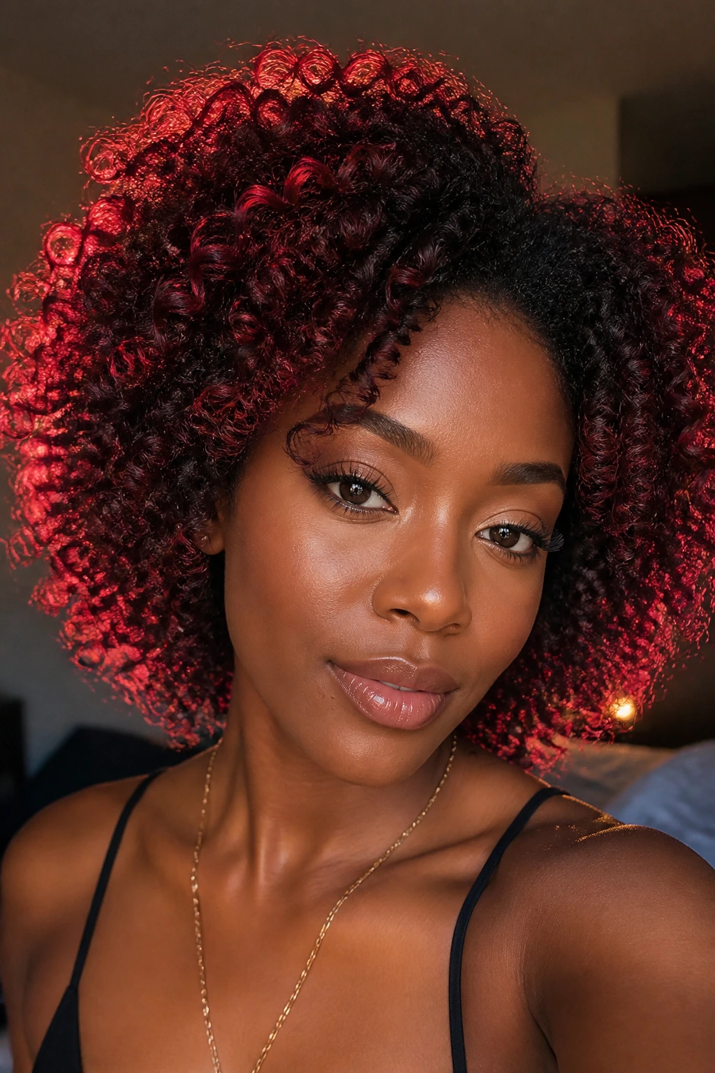 Ruby halo around curls creating a warm red edge.