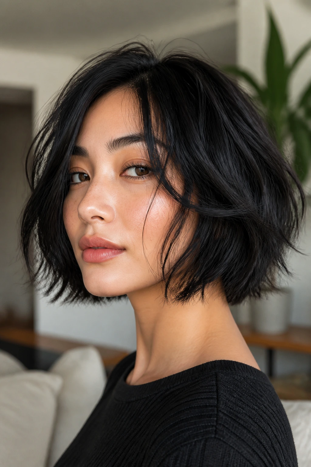Real woman with ruffled air-dry bob and texture