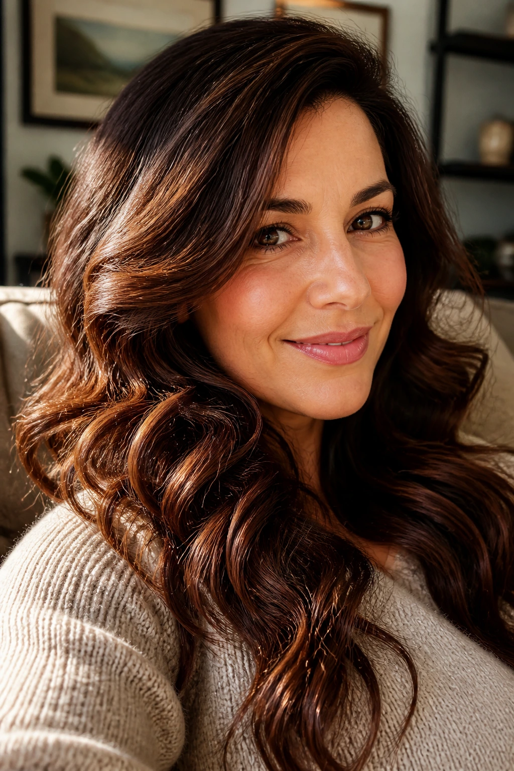 Close-up of a brunette with rum raisin shades and warm red-brown depth.