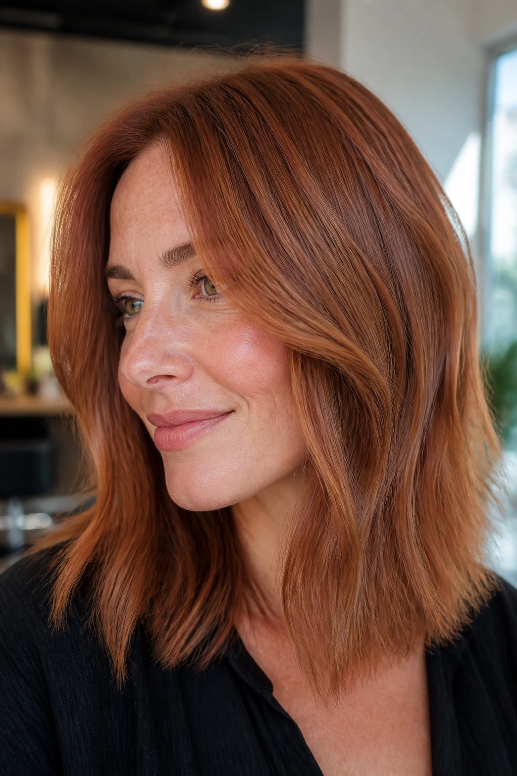 Close-up of real person with russet lob and soft ends in warm light