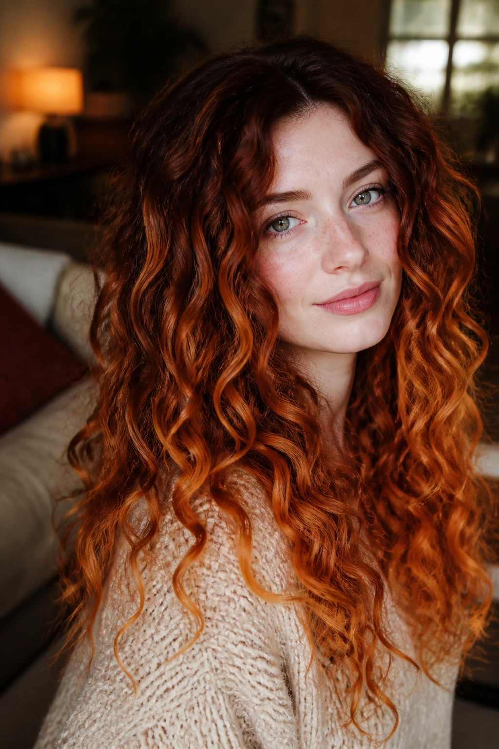 Close-up of a real person showing rust melt gradient from roots to ends in curly hair