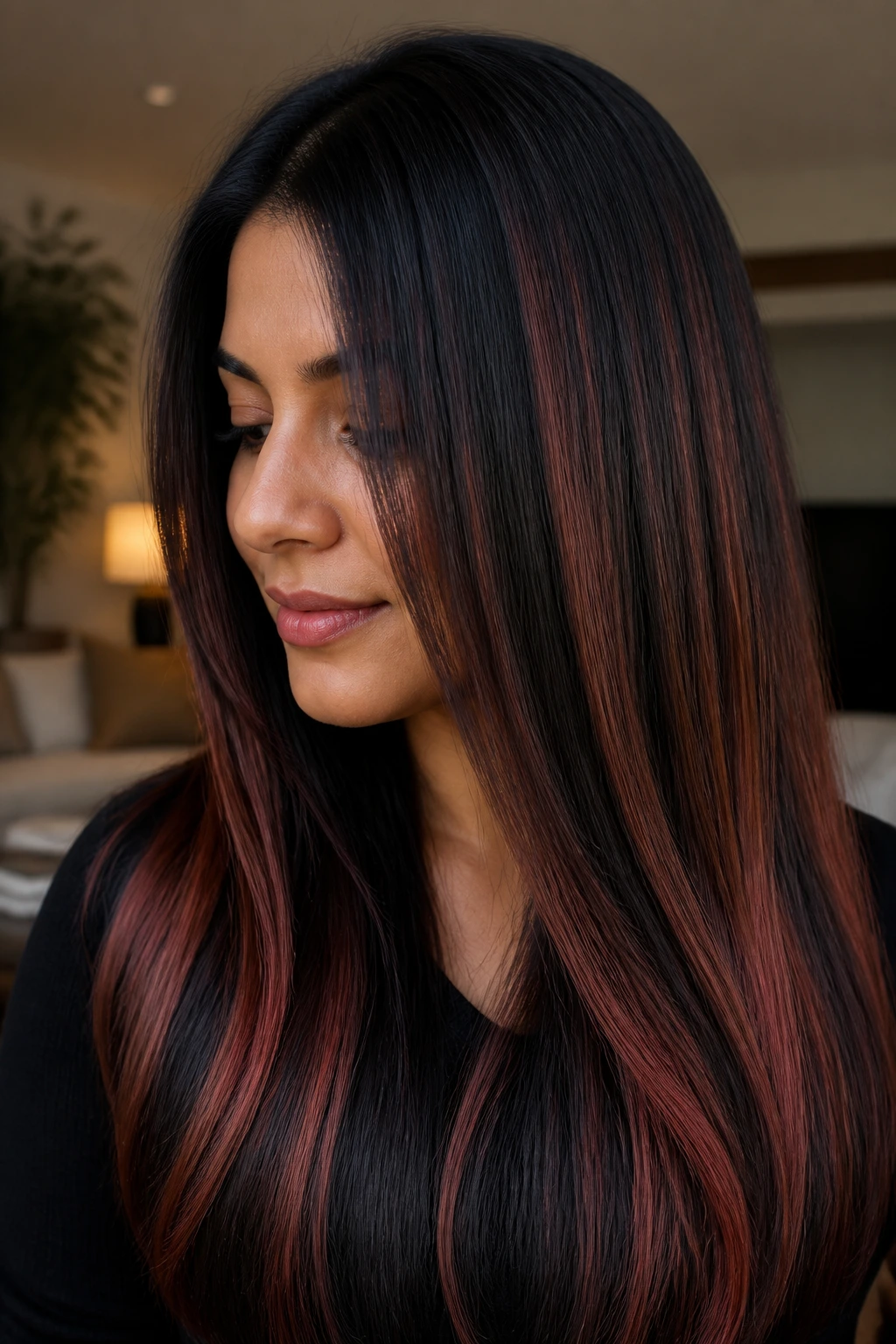 Close-up of a real person with rust and rosewood ribbons in black hair