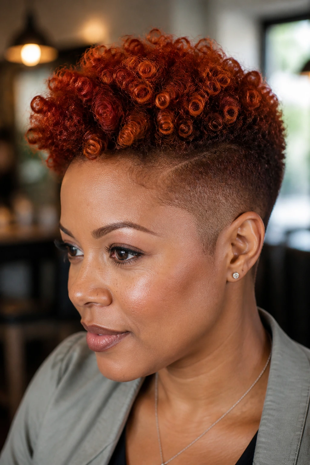 Close-up of a person with rust-toned curls on top and shaved sides