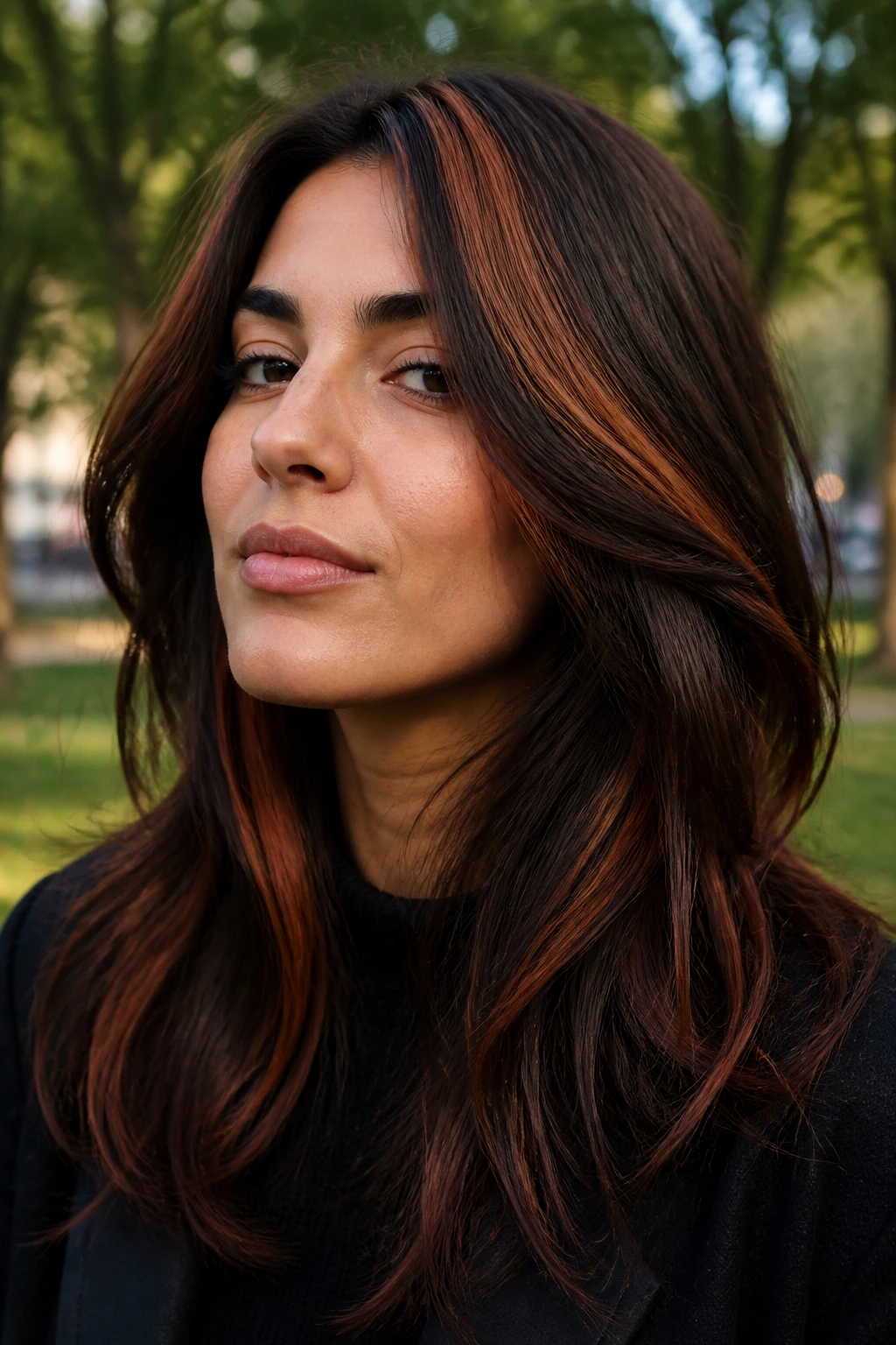 Close-up of a real woman with rusted brunette slices in natural light.