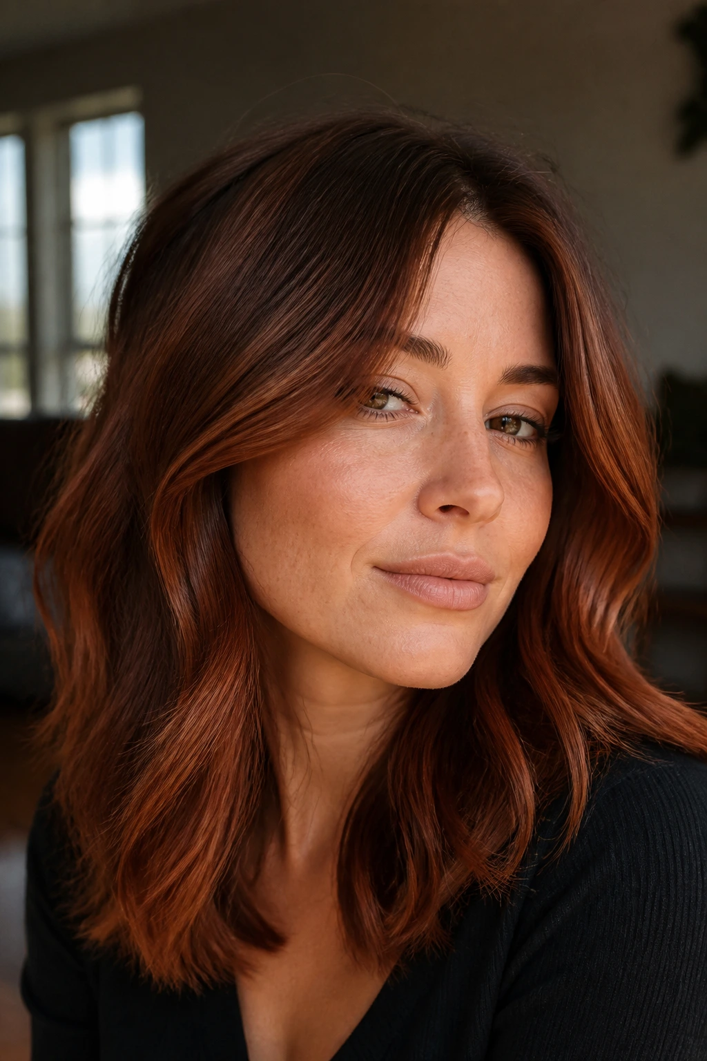 Close-up of a real person with rusted chestnut copper tones in hair