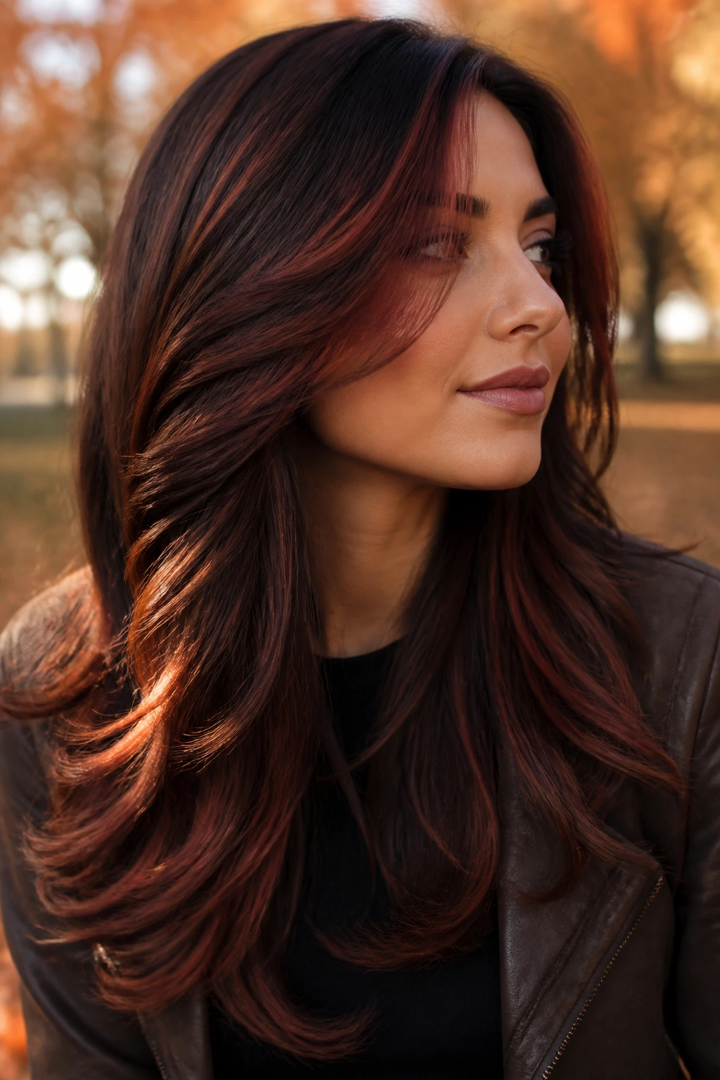 Close-up portrait of a brunette with rusted mahogany layered hair