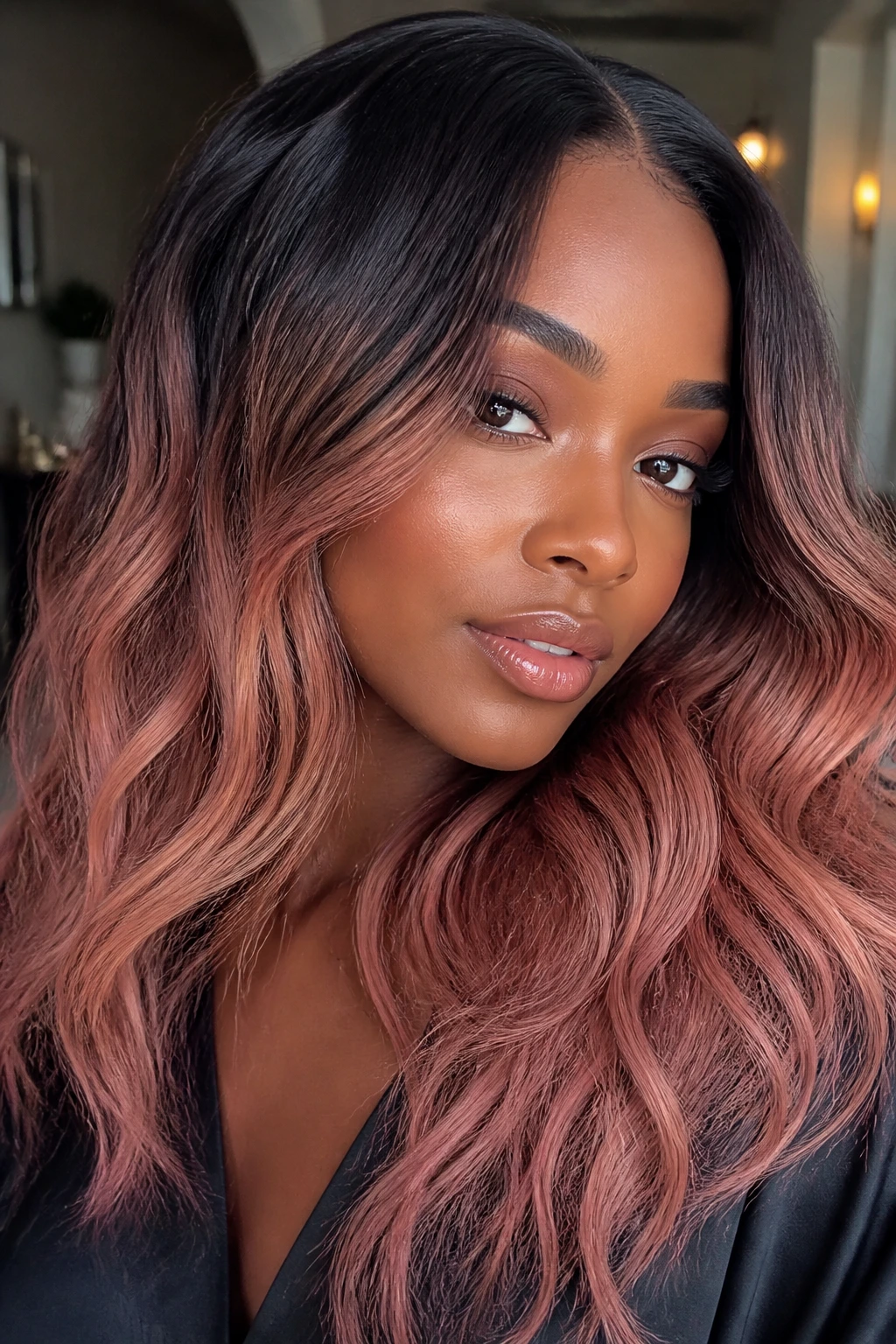 Close-up of a real person with rusted rose ombré hair