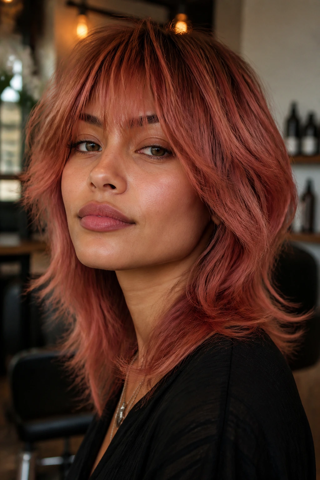 Close-up portrait of a real person with rusted rose shag on olive skin in warm salon lighting