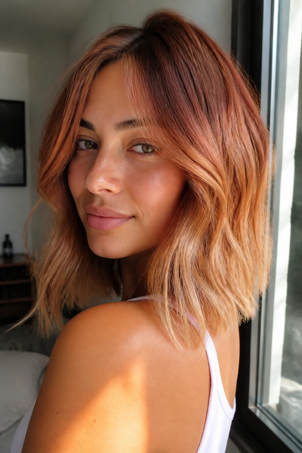 Close-up of a real person with rusted strawberry lob on olive skin in natural daylight