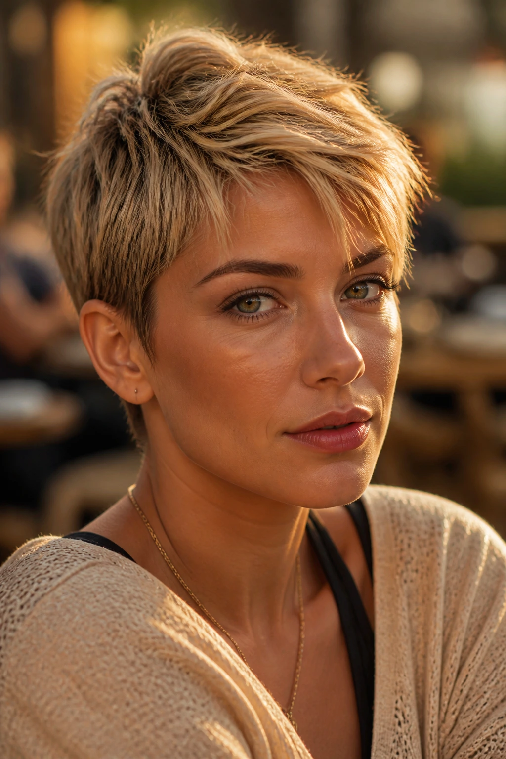Close-up of rustic blonde crop on a real woman in golden-hour street scene.