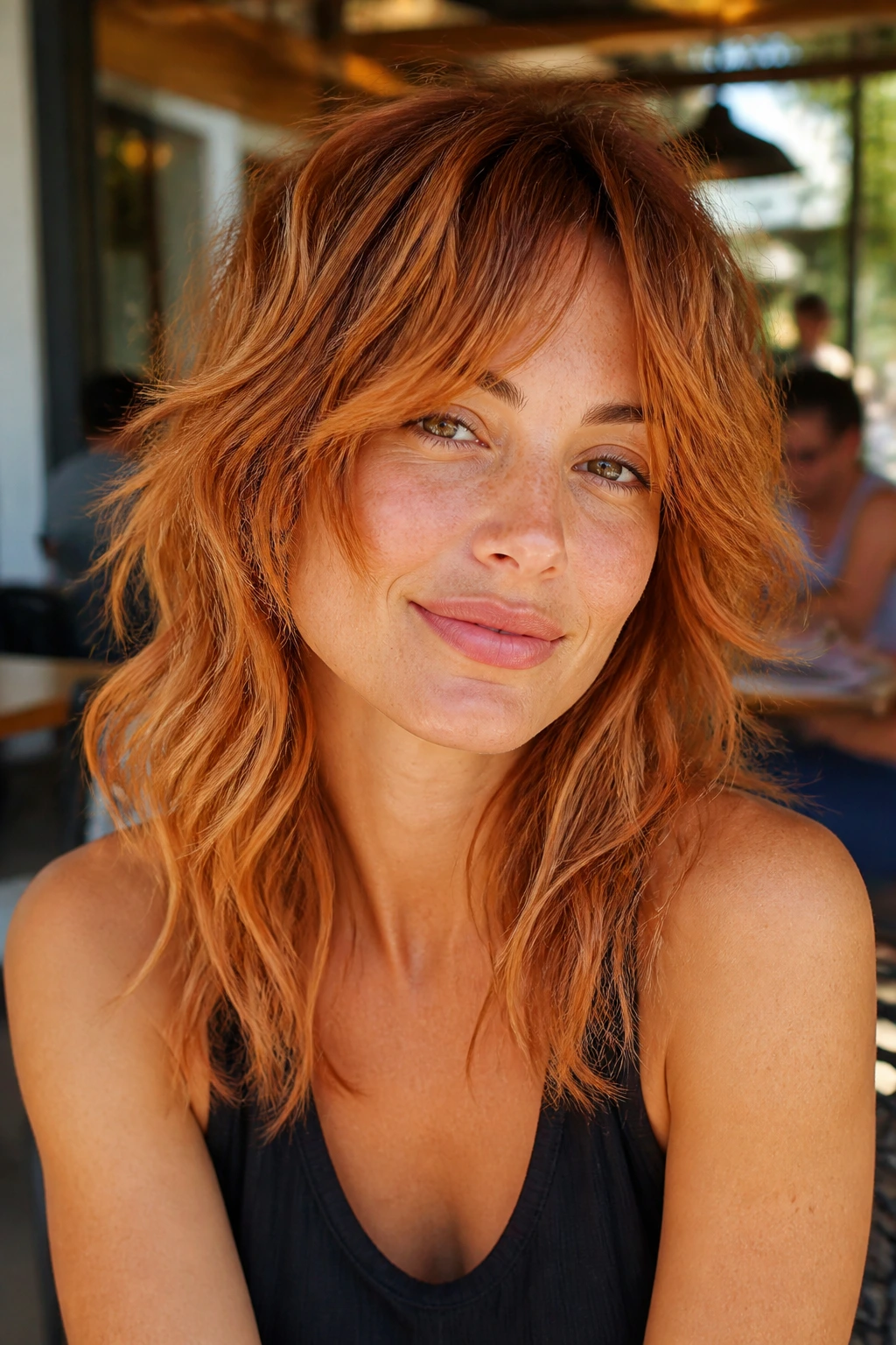 Real woman with rustic copper shag hairstyle in natural light.