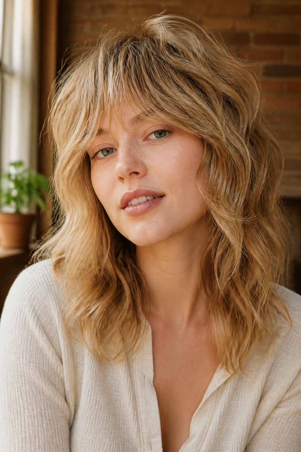 Rustic honey shag hairstyle with textured layers on real person