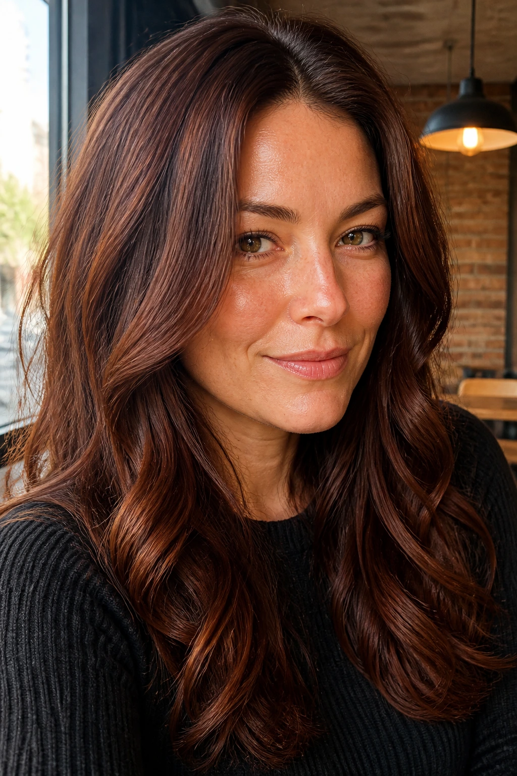 Rusty brunette hair with deep rusty-brown tones on a real woman in daylight.
