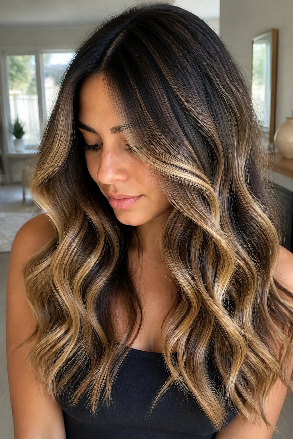 Real person with S-bend ribbon balayage on wavy hair.