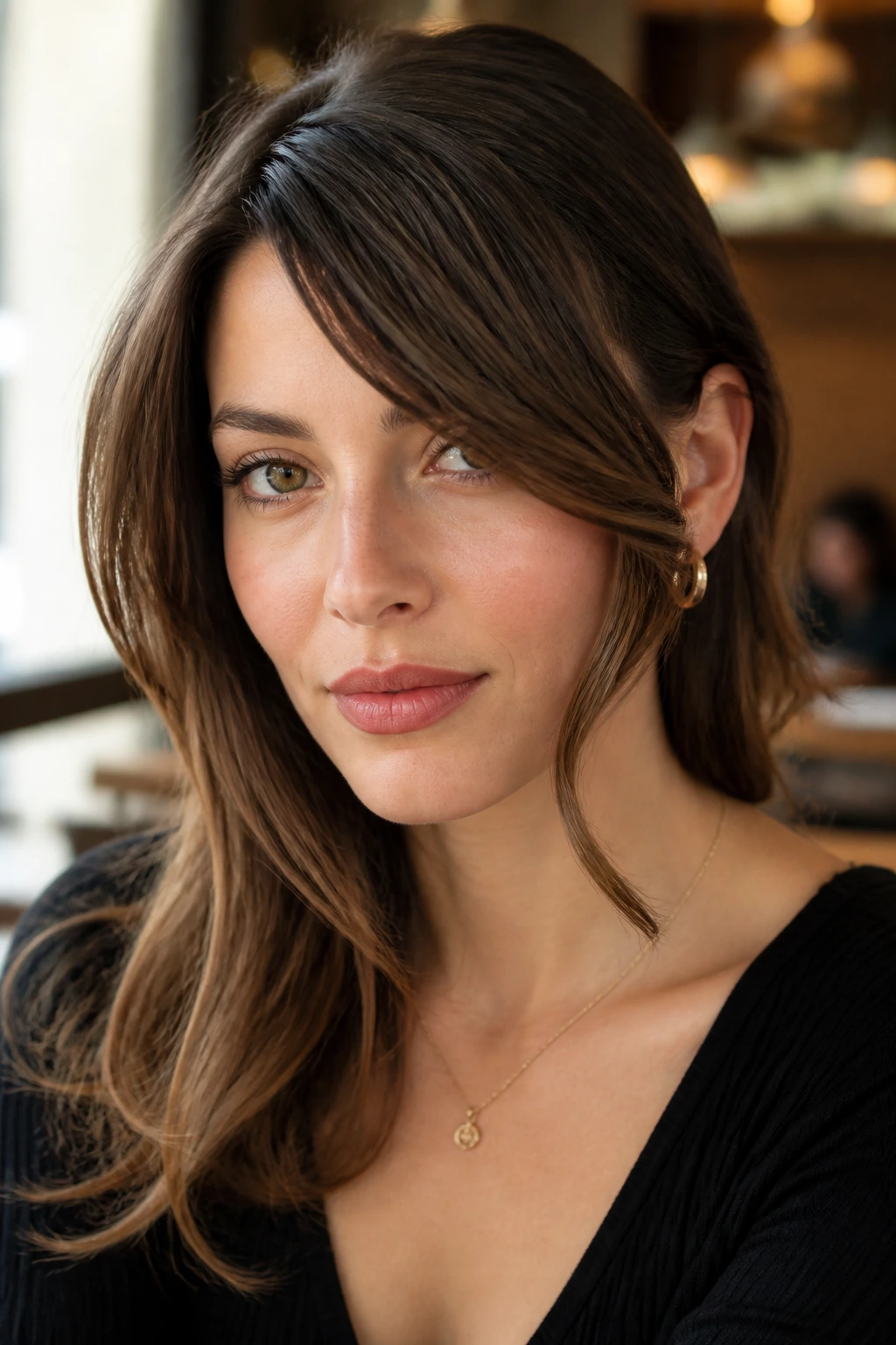 Portrait of a woman with a loose S-bend side fringe