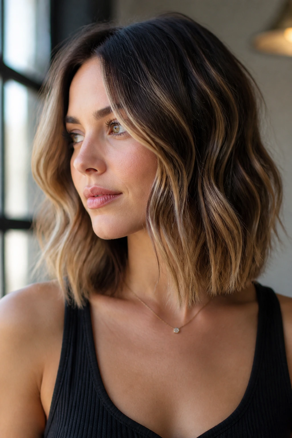 Portrait of a real person with blunt lob and precise S-bend waves.